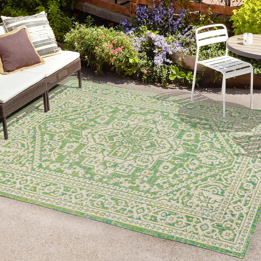 Jonathan Y Smb101H-9 Sinjuri Medallion Textured Weave Indoor Outdoor Area-Rug, Coastal, Traditional, Transitional Easy-Cleaning,Bedroom,Kitchen,Backyard,Patio,Non Shedding, Cream/Green, 9 X 12
