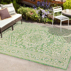 Jonathan Y Smb101H-9 Sinjuri Medallion Textured Weave Indoor Outdoor Area-Rug, Coastal, Traditional, Transitional Easy-Cleaning,Bedroom,Kitchen,Backyard,Patio,Non Shedding, Cream/Green, 9 X 12