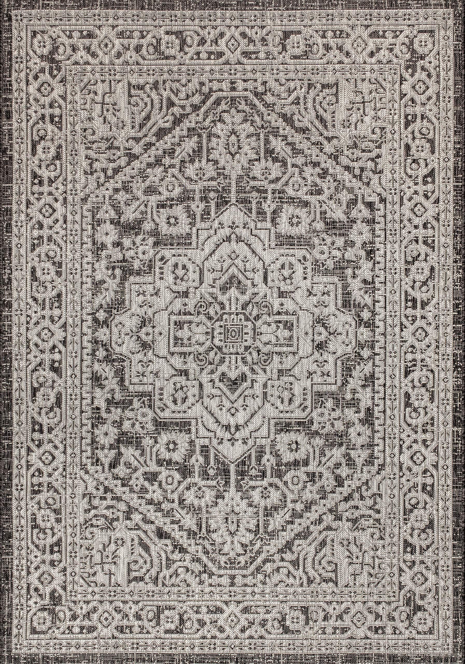 Jonathan Y Smb101D-5 Sinjuri Medallion Textured Weave Indoor/Outdoor Gray/Black 5 Ft. X 8 Ft. Area-Rug, Coastal,Easy-Cleaning,Forhightraffic,Kitchen,Livingroom,Backyard, Non Shedding