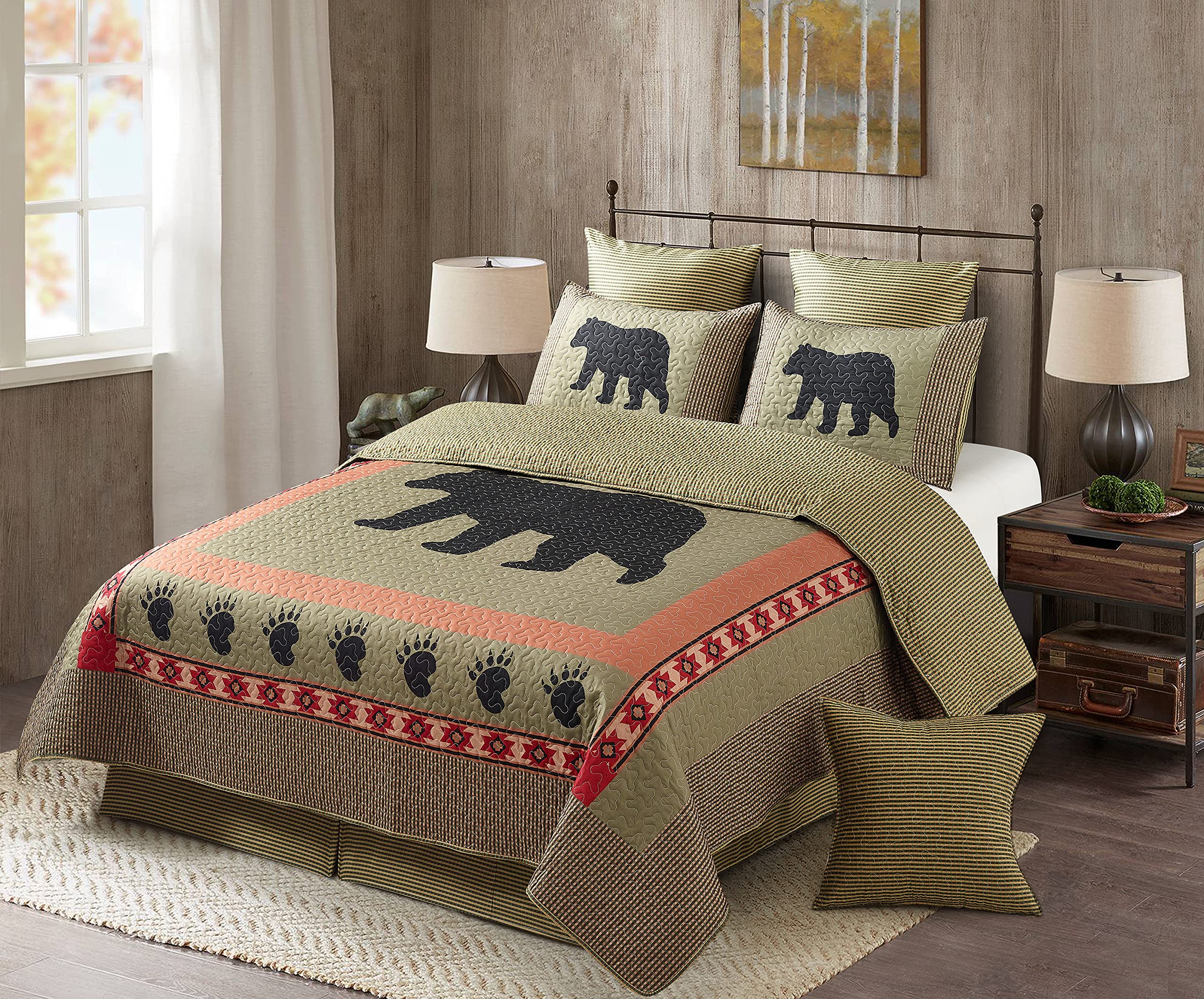 Virah Bella 3 Piece Full/Queen Cabin Quilt Bedding Set - Bear And Paw - Rustic Country Reversible Patchwork Comforter Set With D