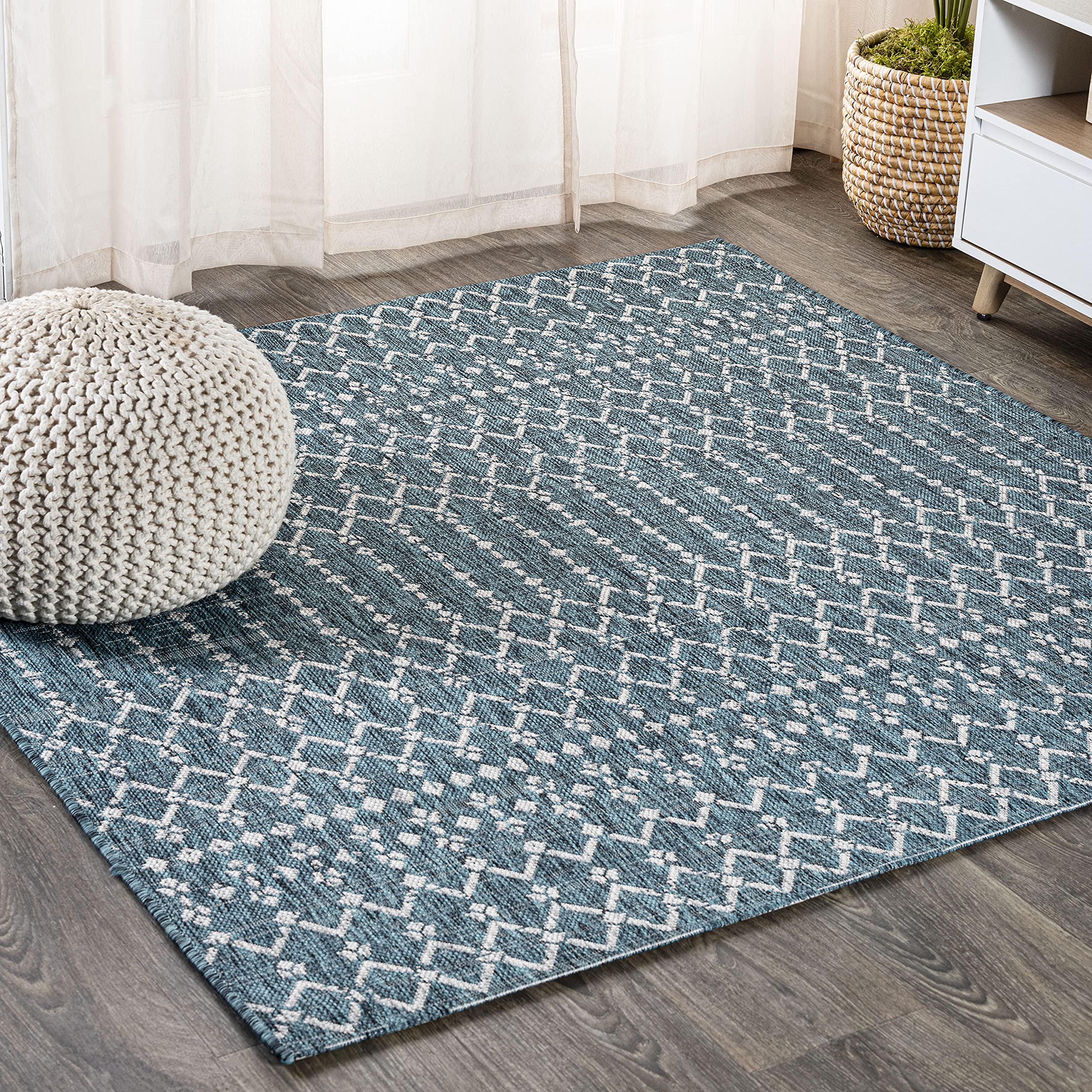Jonathan Y Smb108C-6Sq Ourika Moroccan Geometric Textured Weave Teal/Gray 6' Square Indoor/Outdoor Area Rug, Pet Friendly, Non-S