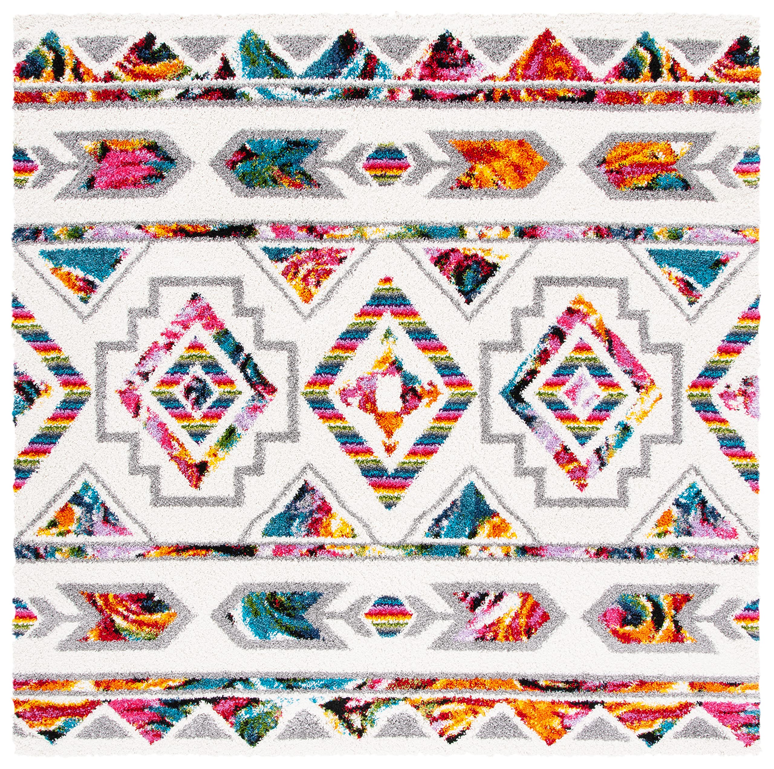 SAFAVIEH Fiesta Shag Collection Area Rug - 4 Square, Cream & Multi, Moroccan Boho Design, Non-Shedding & Easy Care, 0.5-inch Th