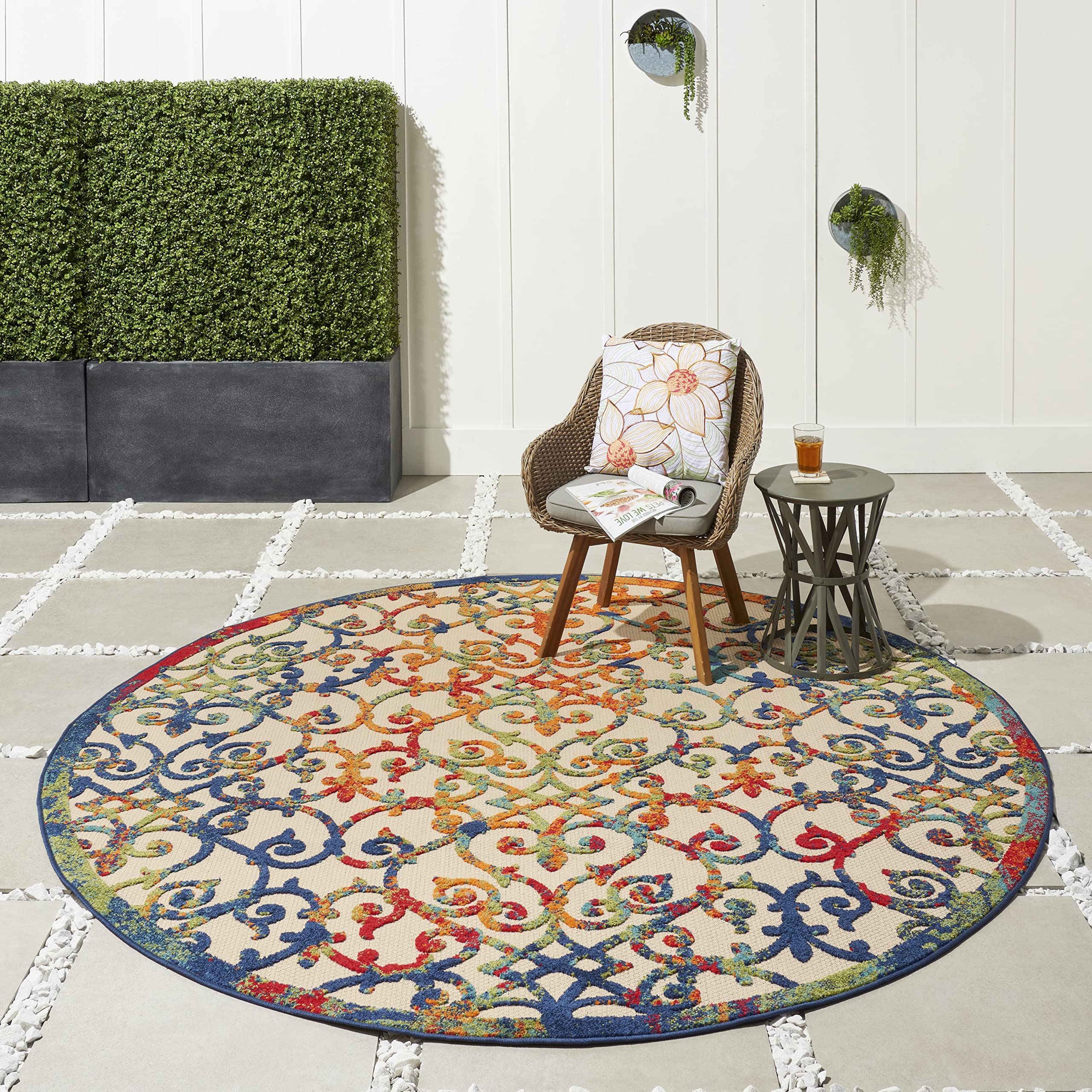 Nourison Aloha Indoor/Outdoor Multicolor 7'10' X Round Area Rug, Transitional, French Country, Easy Cleaning, Non Shedding, Bed