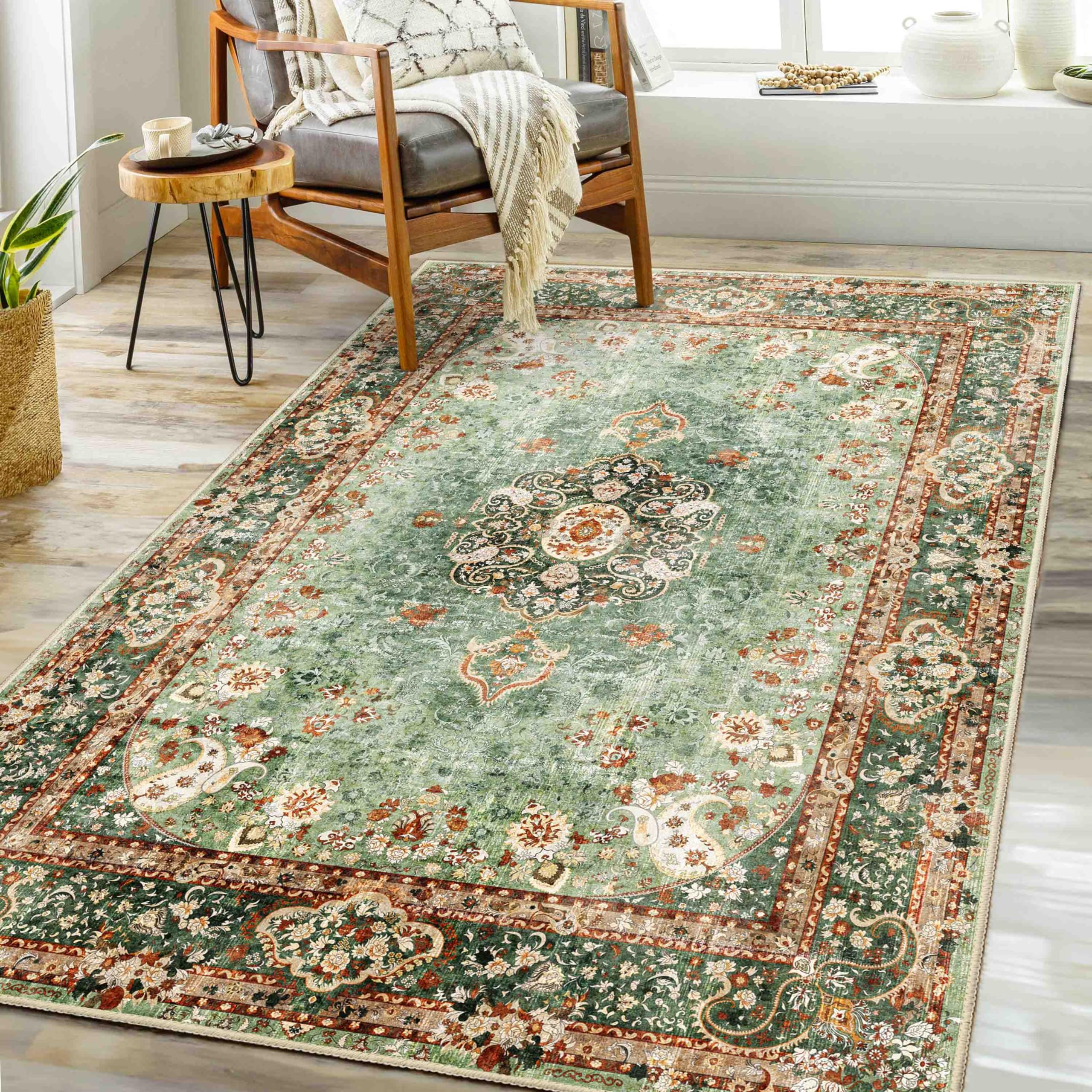 Castage Green Rug 3x5,Washable Area Rugs for Bedroom Living Room Kitchen Entryway,Small Boho Vintage Bohemian Distressed Orienta