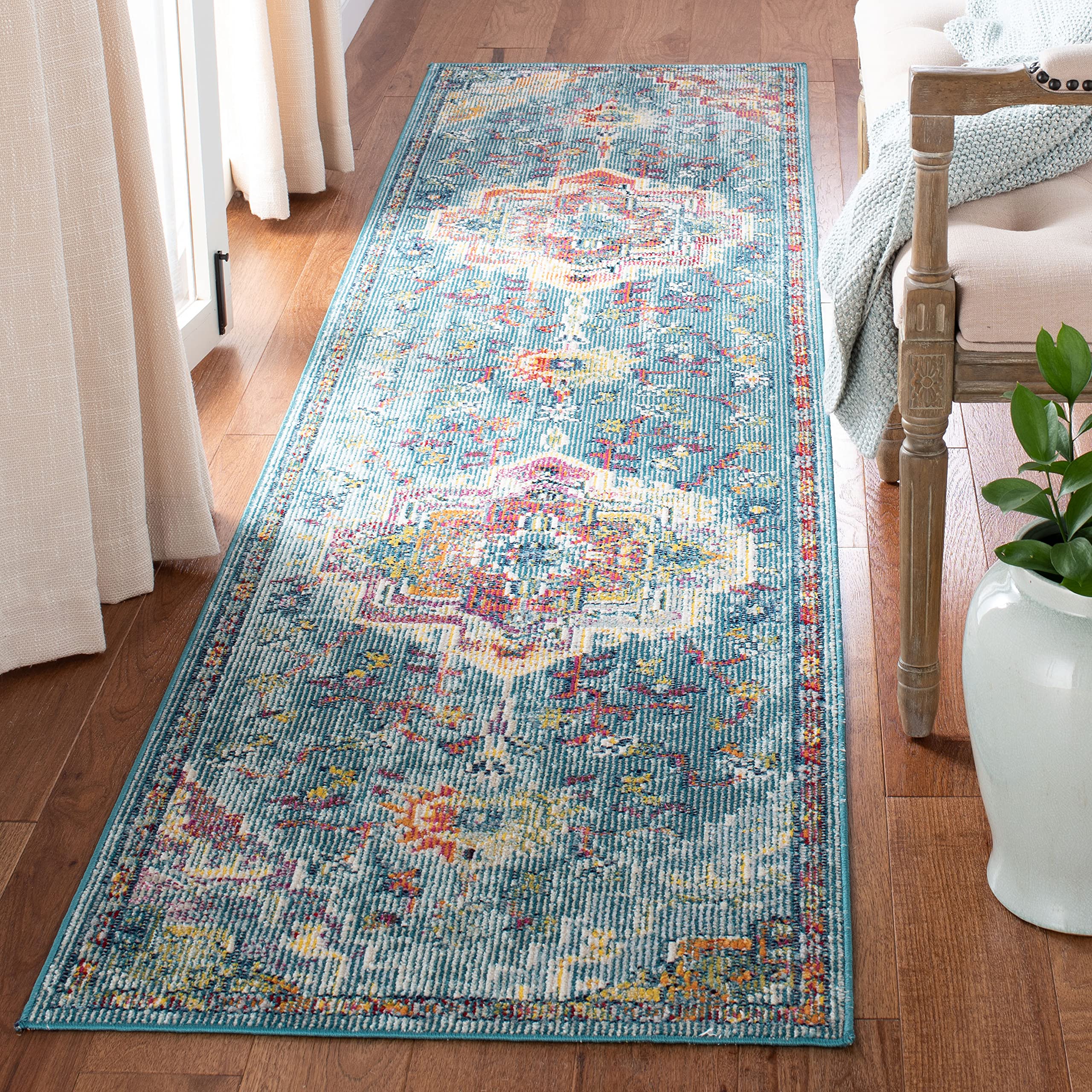 SAFAVIEH Crystal Collection Runner Rug - 22 x 11, Teal & Orange, Medallion Distressed Design, Non-Shedding & Easy Care, Ideal 