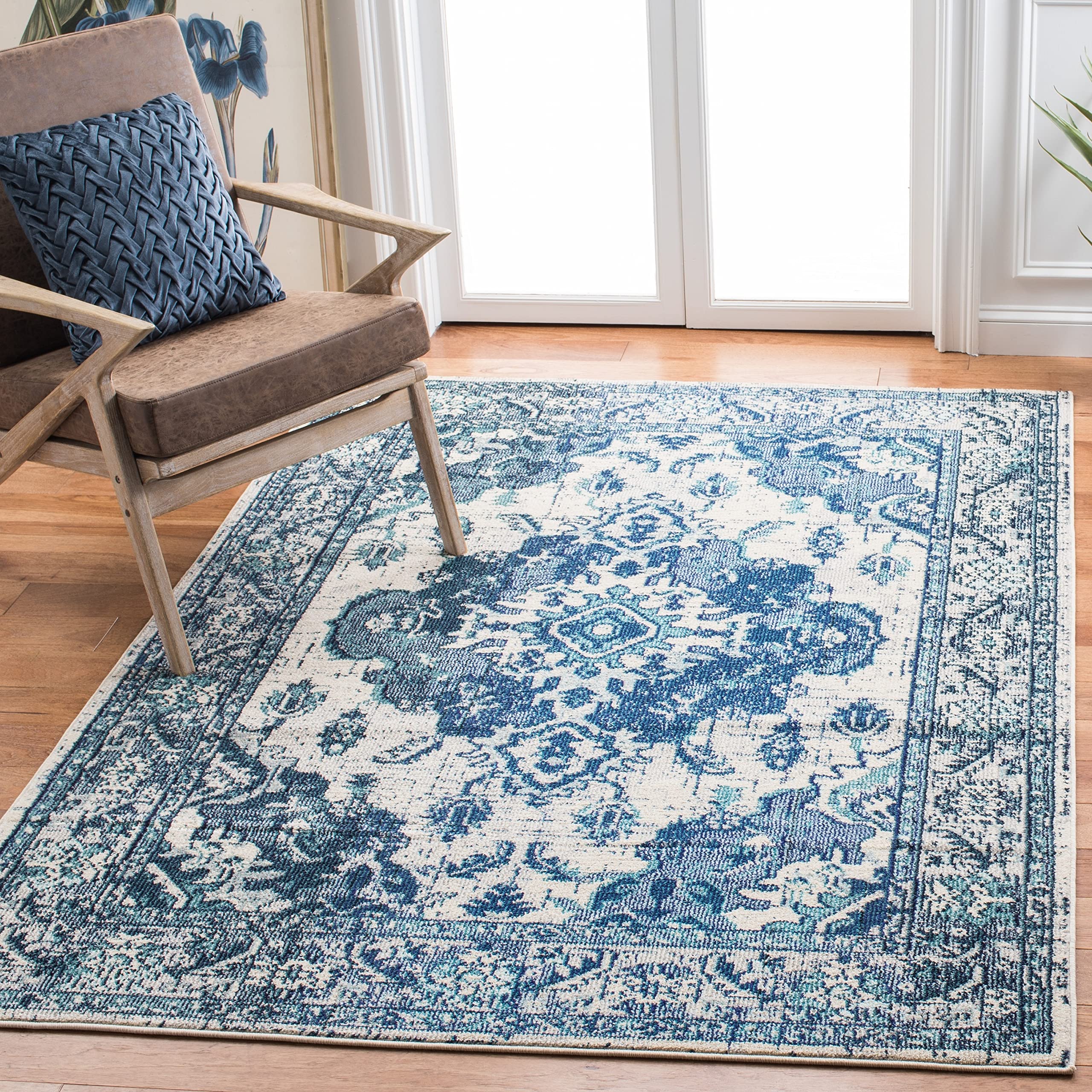 SAFAVIEH Monaco Collection Accent Rug - 4 x 57, Ivory & Blue, Boho Medallion Distressed Design, Non-Shedding & Easy Care, Idea