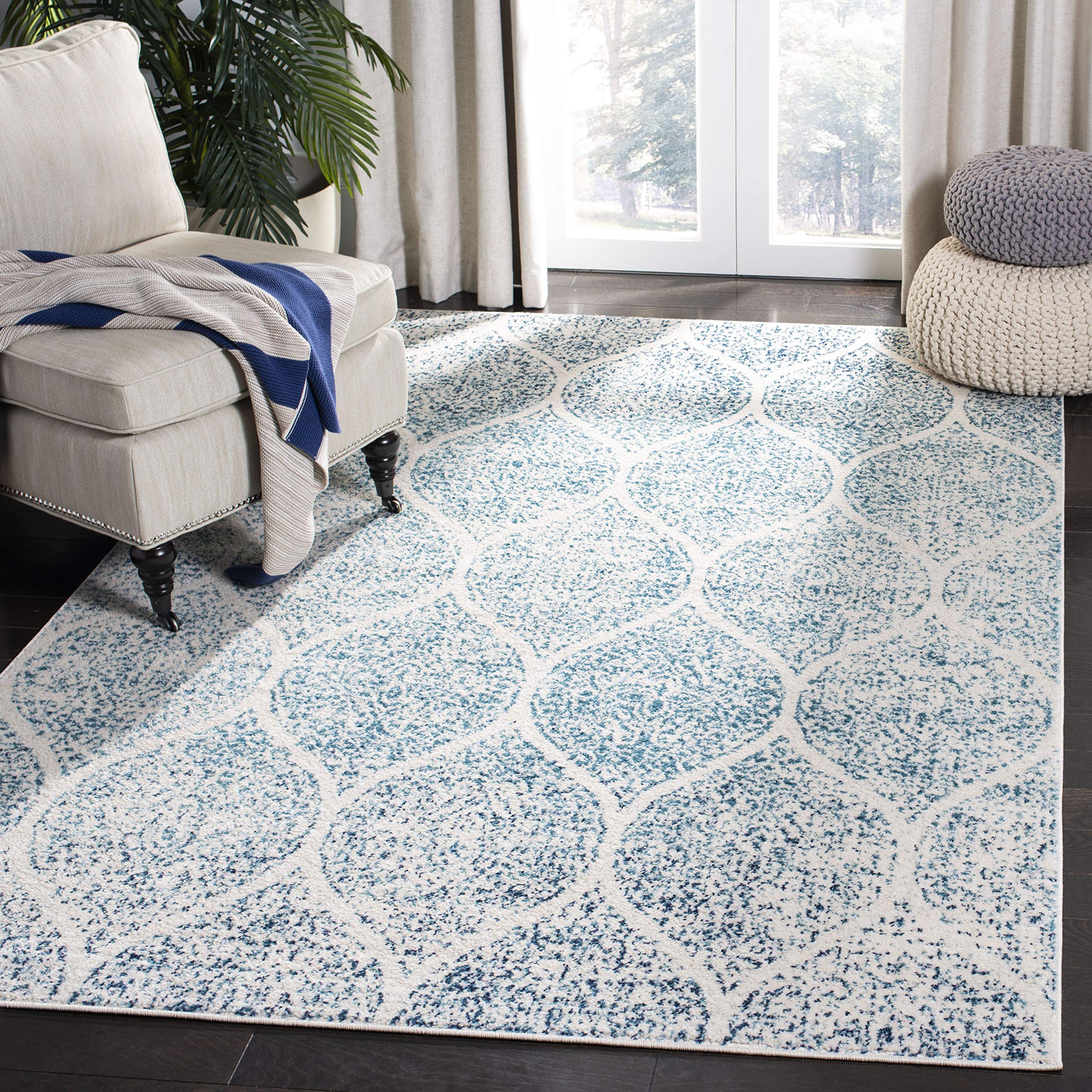 SAFAVIEH Madison Collection Accent Rug - 23 x 4, Cream & Turquoise, Glam Trellis Distressed Design, Non-Shedding & Easy Care, 