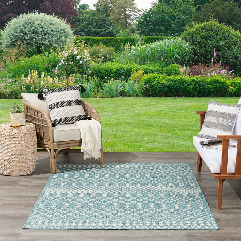 Nourison Positano Indoor/Outdoor Aqua 8' X 10' Area Rug, Easy Cleaning, Non Shedding, Bed Room, Living Room, Dining Room, Backyard, Deck, Patio (8X10)