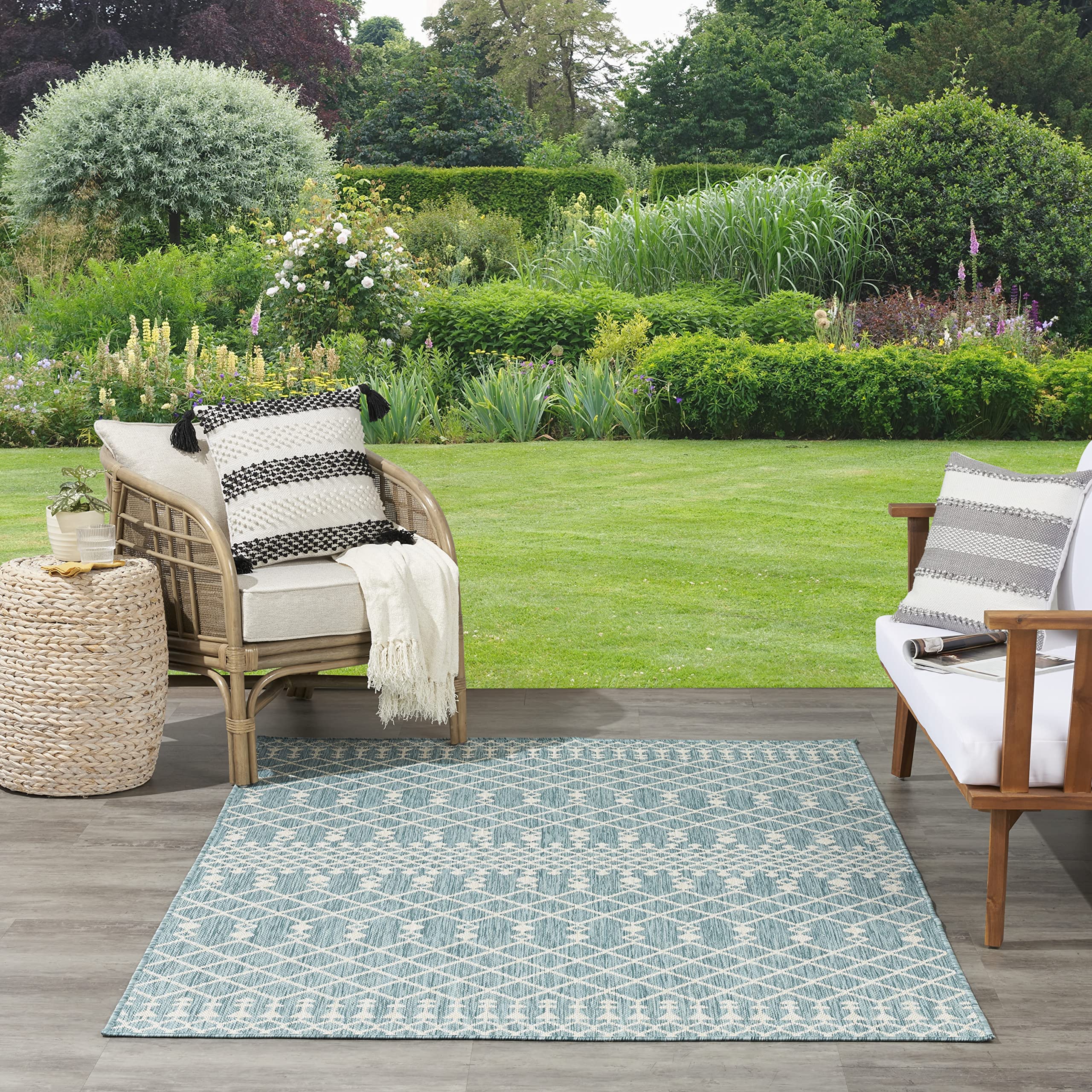 Nourison Positano Indoor/Outdoor Aqua 8' X 10' Area Rug, Easy Cleaning, Non Shedding, Bed Room, Living Room, Dining Room, Backyard, Deck, Patio (8X10)
