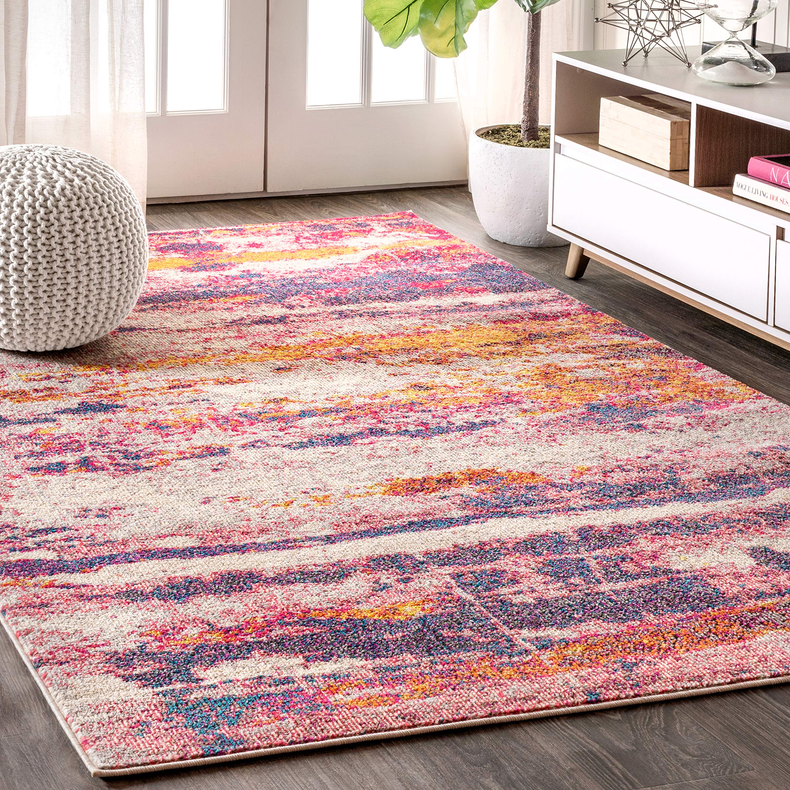 JONATHAN Y Contemporary POP Modern Abstract Brushstroke Pink/Cream 5 ft. x 8 ft. Area-Rug, Bohemian, Easy-Cleaning, for Bedroom,