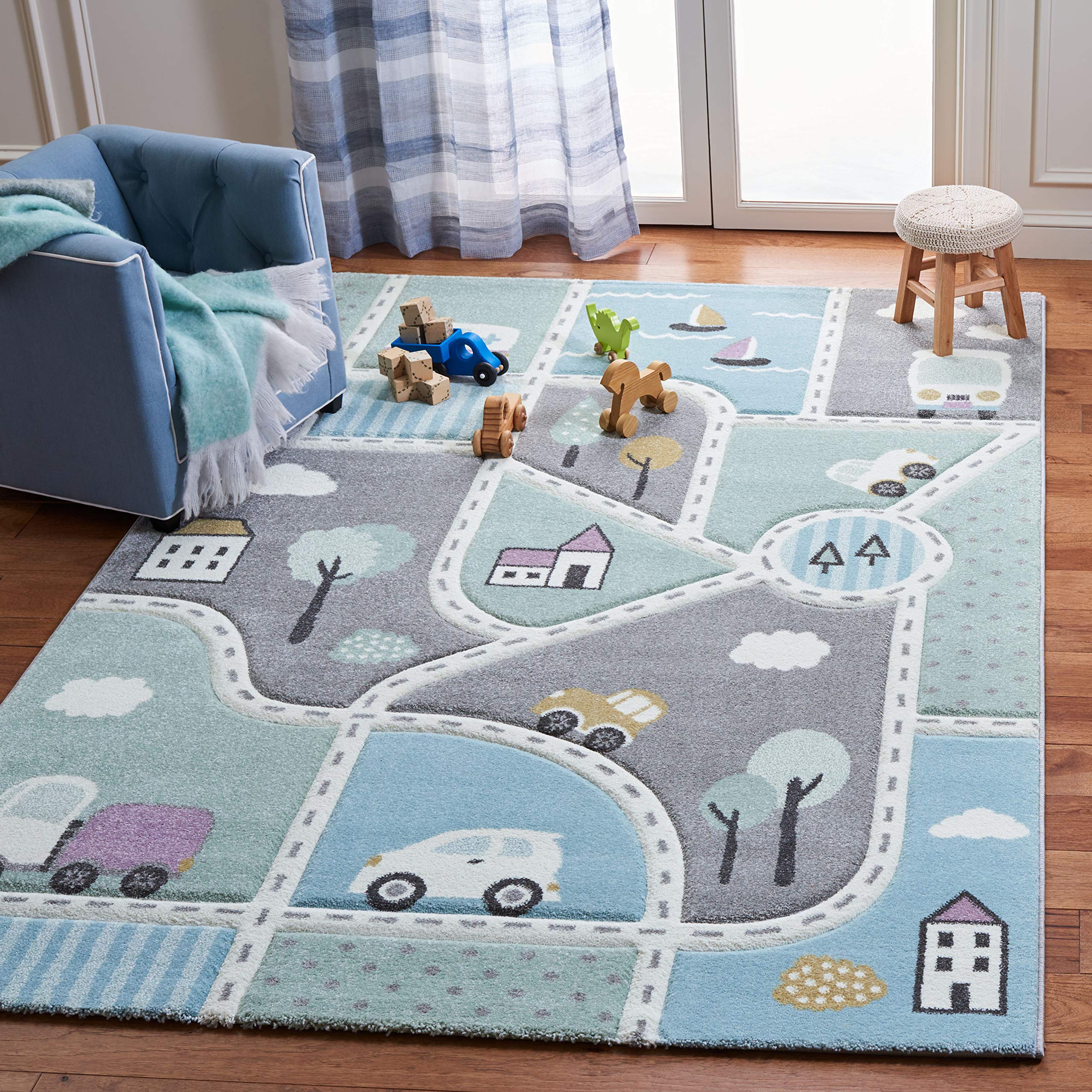 Safavieh Carousel Kids Collection 53 Square Grey/Light Blue CRK193F Neighborhood Nursery Playroom Area Rug