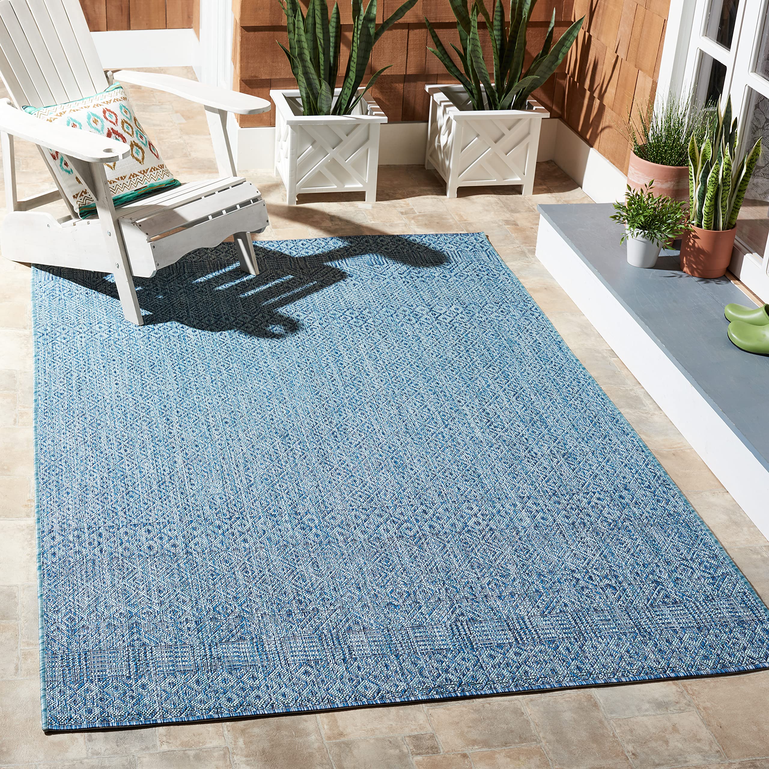 Safavieh Courtyard Collection 6'7' Square Aqua/Navy Cy8235 Indoor/ Outside Waterproof Easy Cleansingpatio Backyard Mudroom Area Mat
