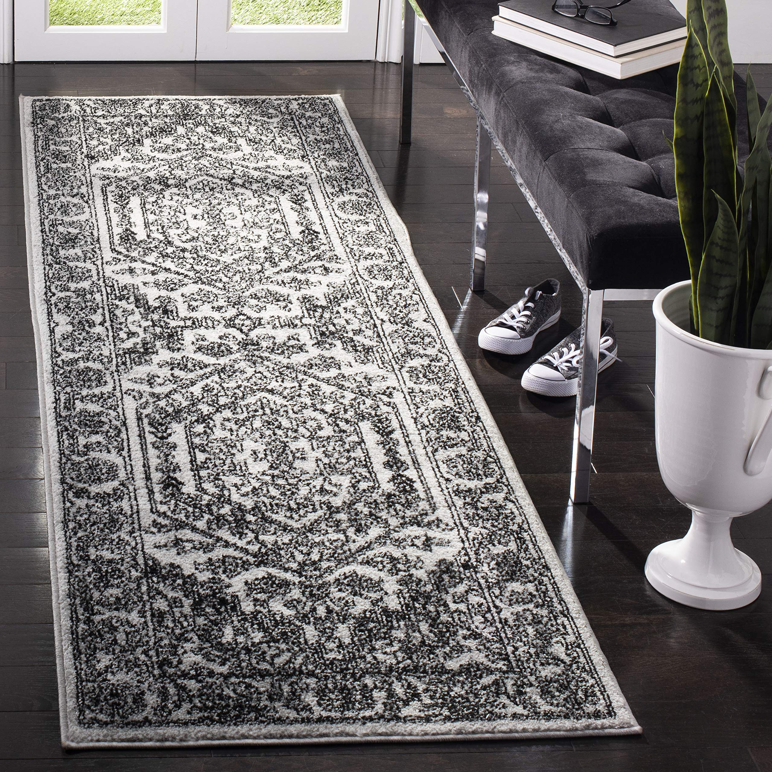 SAFAVIEH Adirondack Collection Runner Rug - 26 x 18, Silver & Black, Oriental Medallion Design, Non-Shedding & Easy Care, Idea