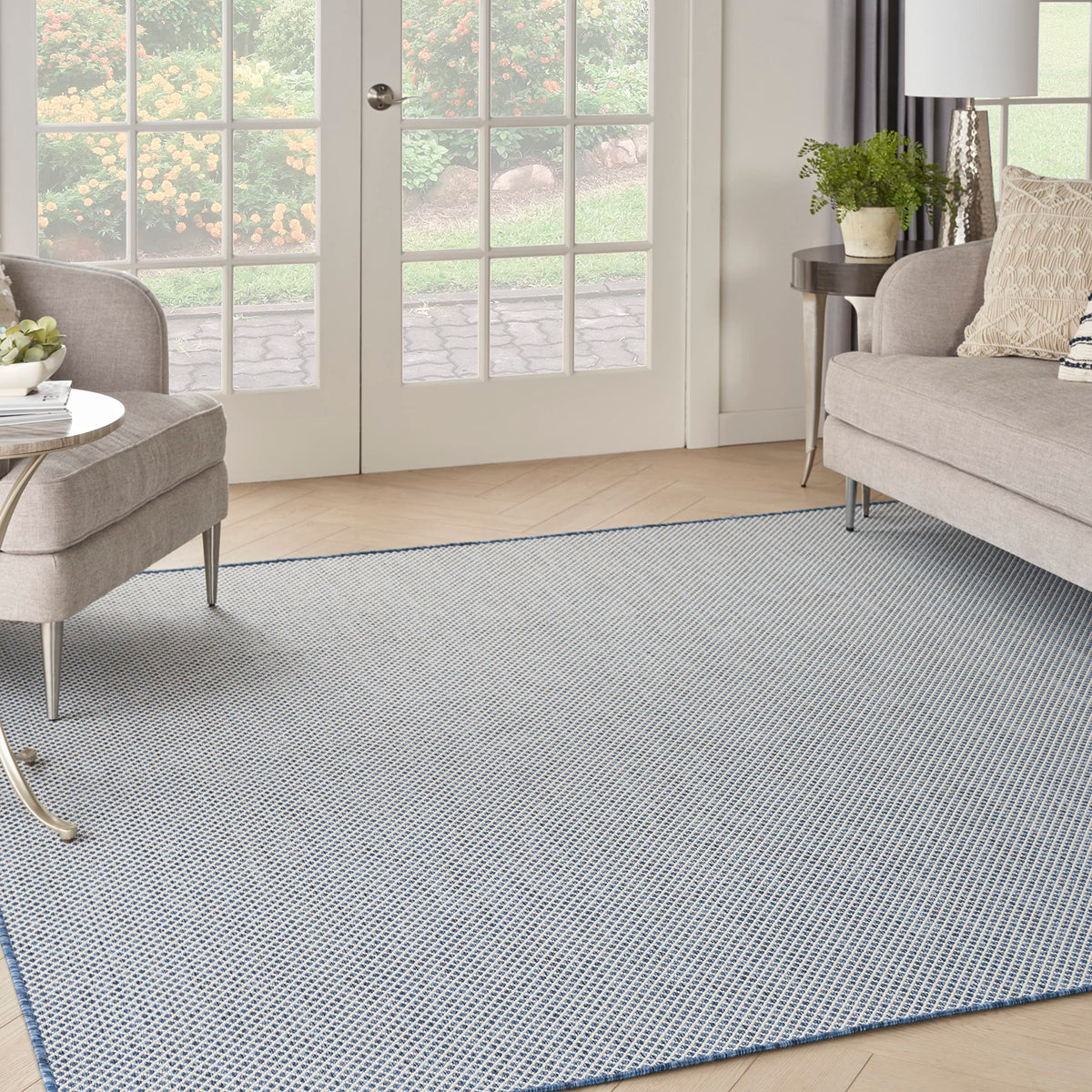 Nourison Courtyard Indoor/Outdoor Ivory Blue 8' X Square Area Rug, Easy Cleaning, Non Shedding, Bed Room, Living Room, Dining Ro