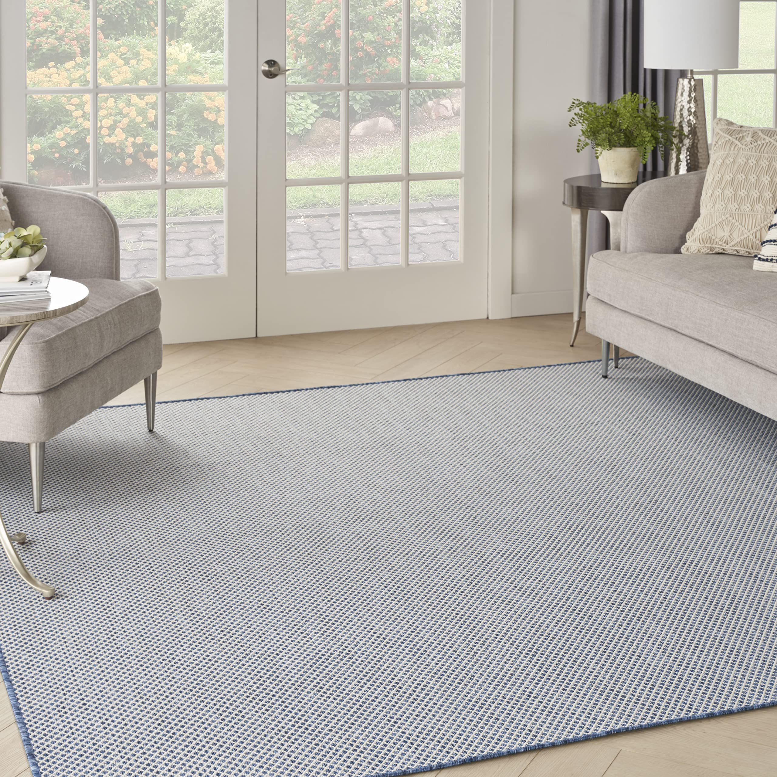 Nourison Courtyard Indoor/Outdoor Ivory Blue 8' X Square Area Rug, Easy Cleaning, Non Shedding, Bed Room, Living Room, Dining Ro