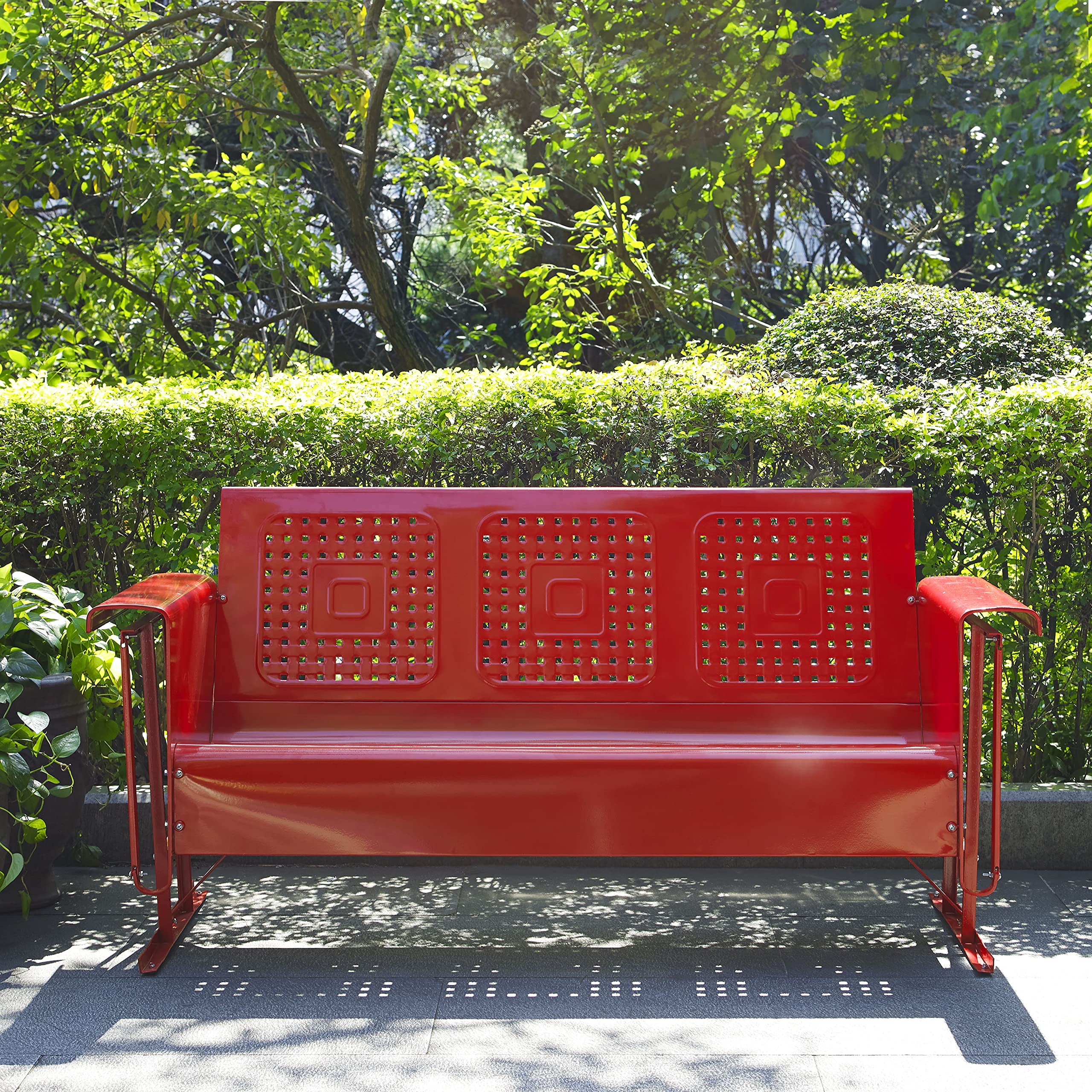Crosley Furniture Bates Retro Metal Outdoor Sofa Glider, 3-Person Rocking Patio Bench for Porch, Deck, Bright Red Gloss