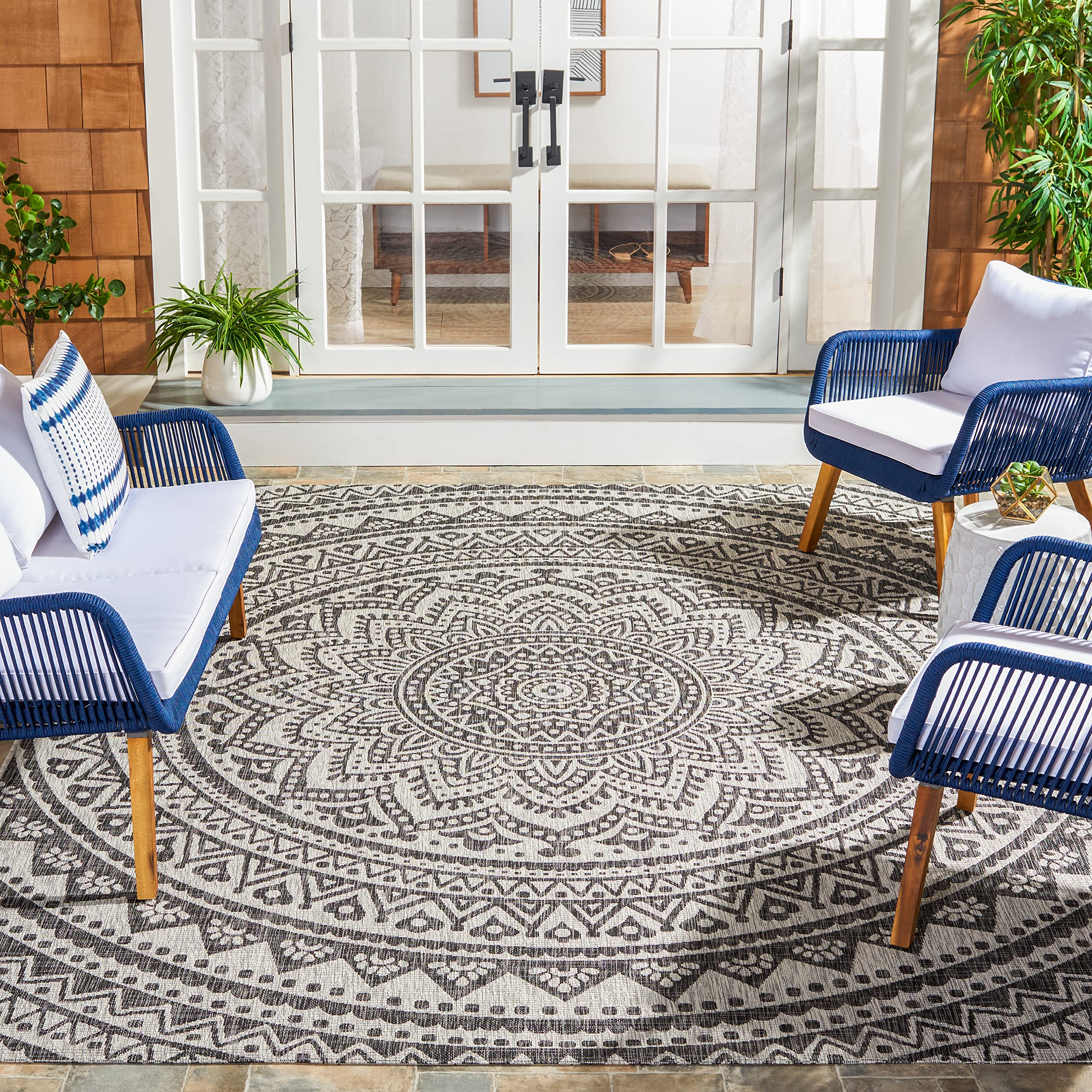 Safavieh Courtyard Collection 9' Square Light Grey/Black Cy8734 Indoor/ Outdoor Waterproof Easy Cleaning Patio Backyard Mudroom Area Rug