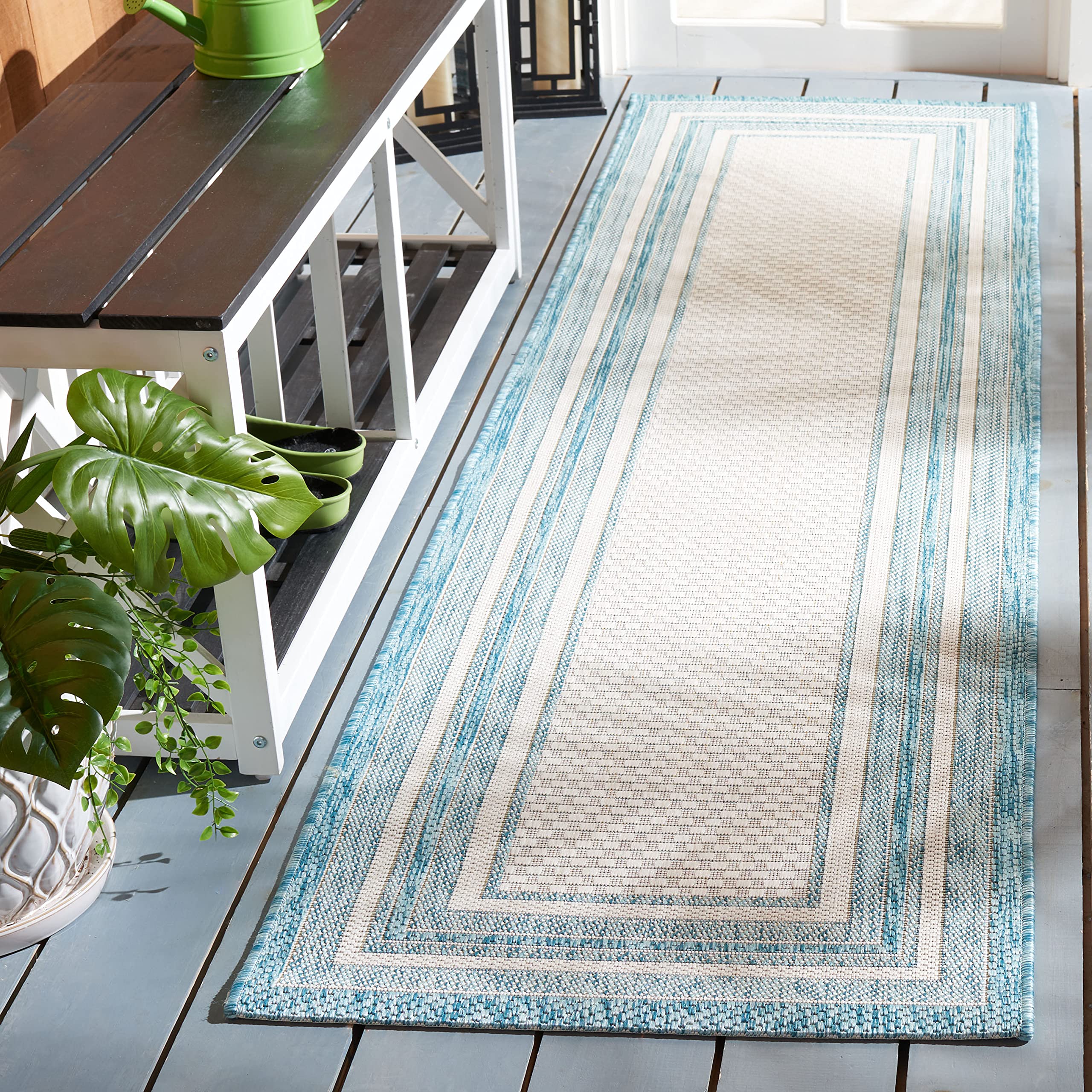 Safavieh Courtyard Collection 2'3' X 8' Ivory / Aqua Cy8475 Indoor/ Outdoor Patio Backyard Mudroom Runner Rug