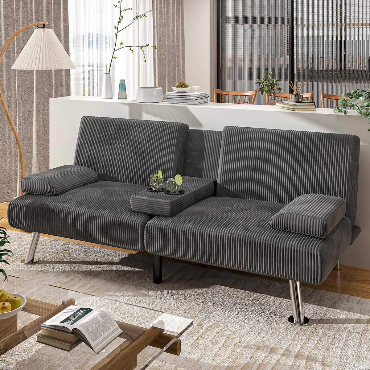 Shahoo Modern Upholstered Convertible Folding Futon Sofa Bed With Removable Armrests, Metal Legs, 2 Cup Holders For Living Room, Grey