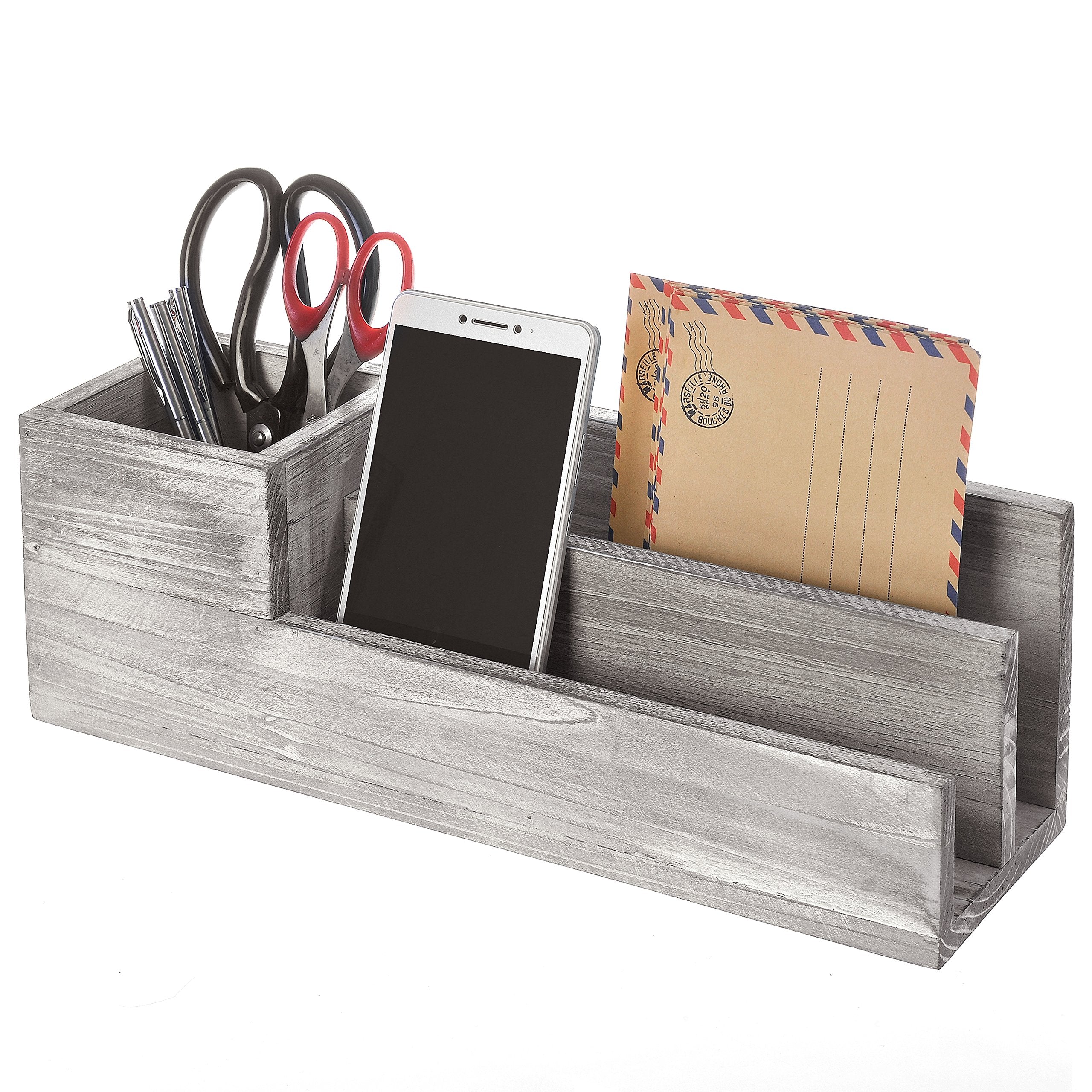 Mygift Rustic Whitewashed Gray Wood Desktop Pencil Cup/Pen Caddy And 2 Slot Letter Sorter Office Accessory Organizer Station