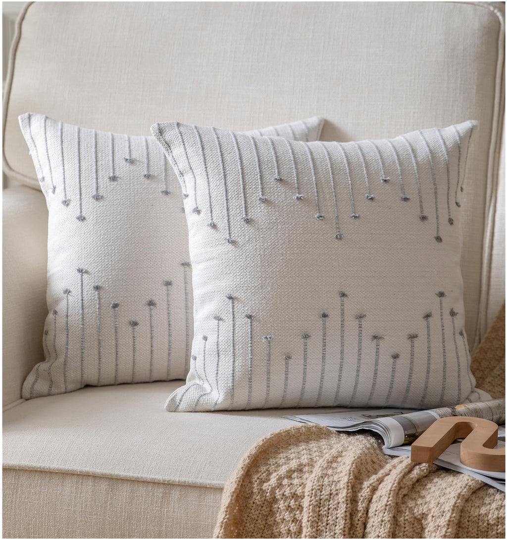 Caflife Boho Throw Pillow Covers 18X18 Set Of 2 Decorative Pillows For Bed, Neutral Pillow Covers Beige With Grey Line Throw Pil