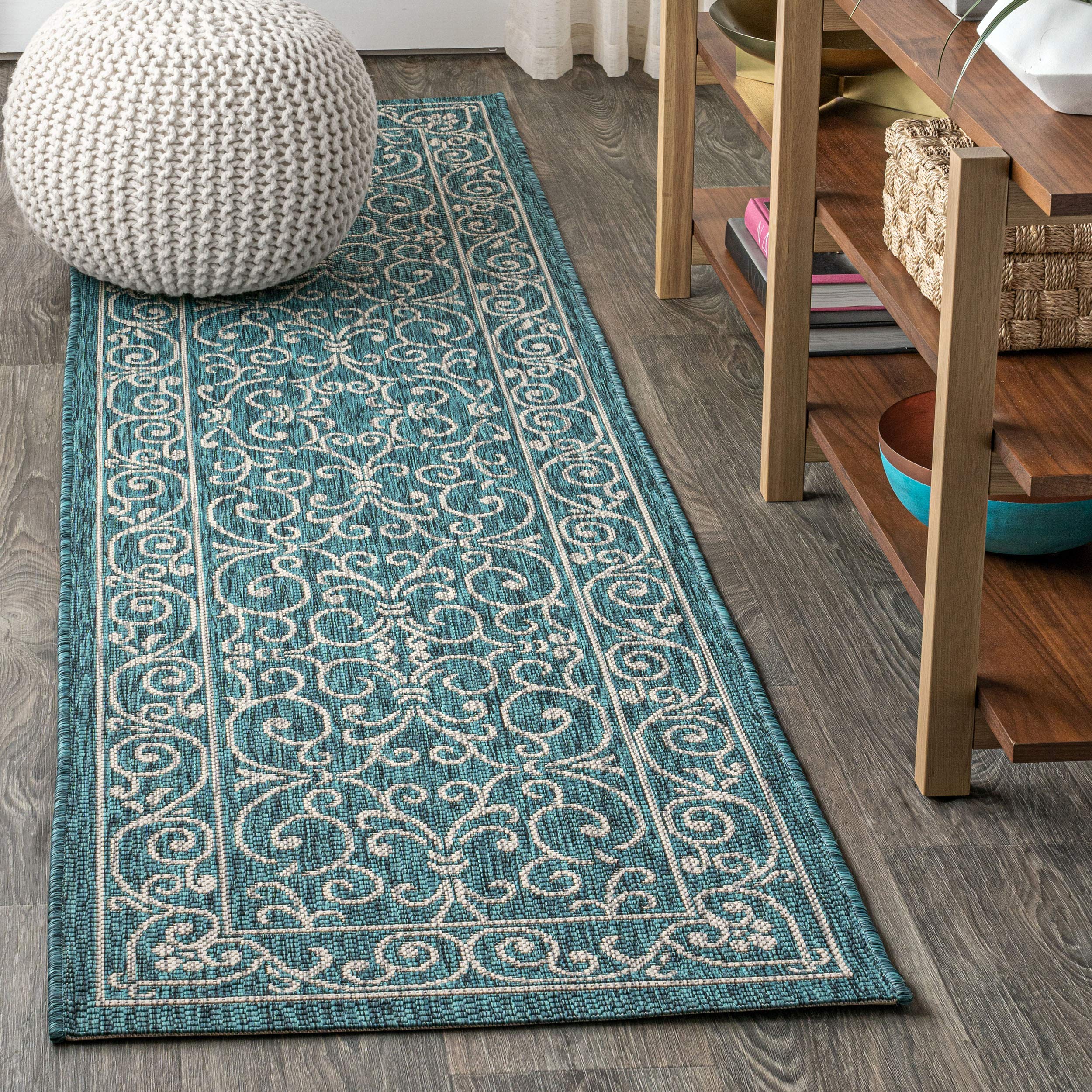 Jonathan Y Smb106F-28 Charleston Vintage Filigree Textured Weave Indoor/Outdoor Teal/Gray 2 Ft. X 8 Ft. Runner-Rug, Classic,Easy