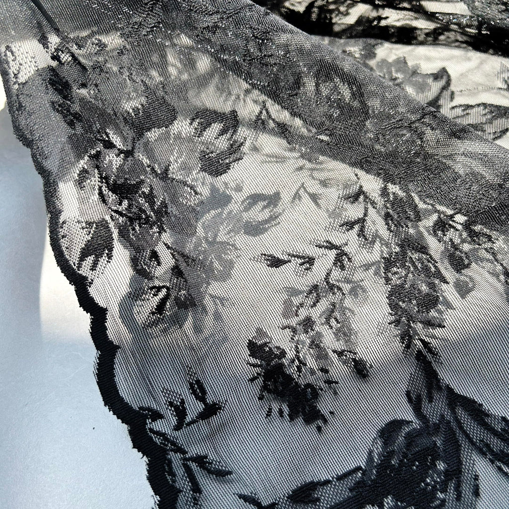 Black Floral Lace Curtains For Bedroom Living Room, 95'' Length Long Vintage Delicate Rose And Leaf Embroidered Sheer Curtains,