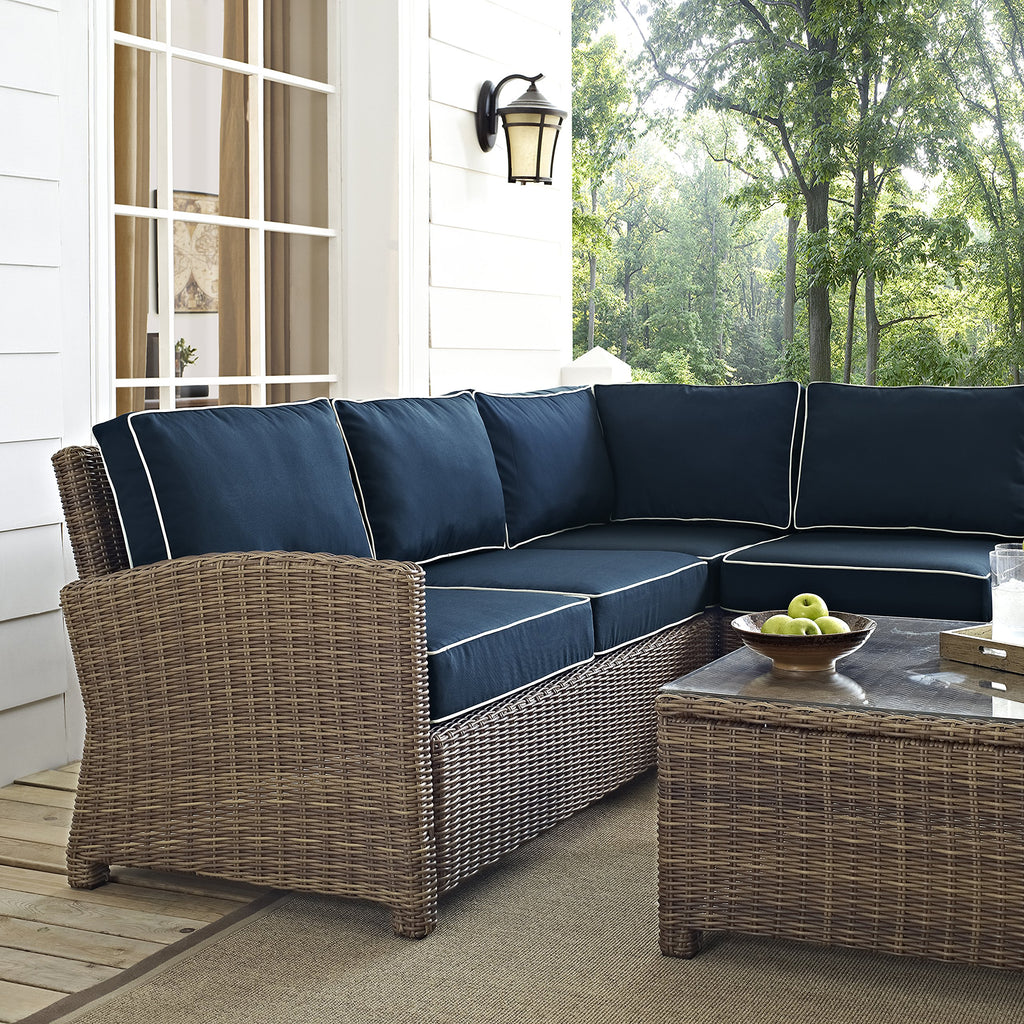 Crosley Furniture Bradenton 5-Piece Outdoor Sectional Sofa Wicker Conversation Patio Furniture Set for Deck, Brown with Navy Cushions