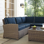 Crosley Furniture Bradenton 5-Piece Outdoor Sectional Sofa Wicker Conversation Patio Furniture Set for Deck, Brown with Navy Cushions