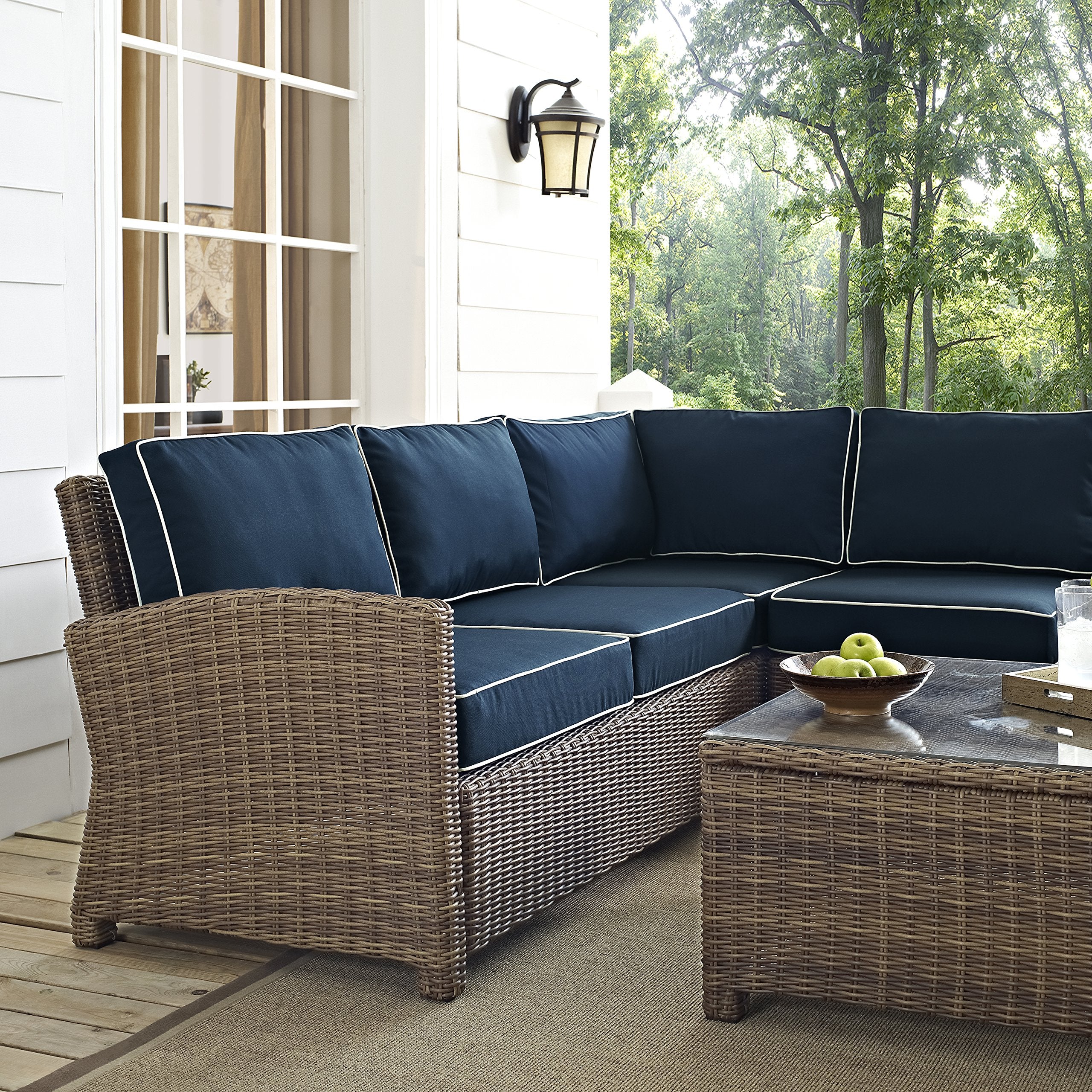 Crosley Furniture Bradenton 5-Piece Outdoor Sectional Sofa Wicker Conversation Patio Furniture Set for Deck, Brown with Navy Cushions