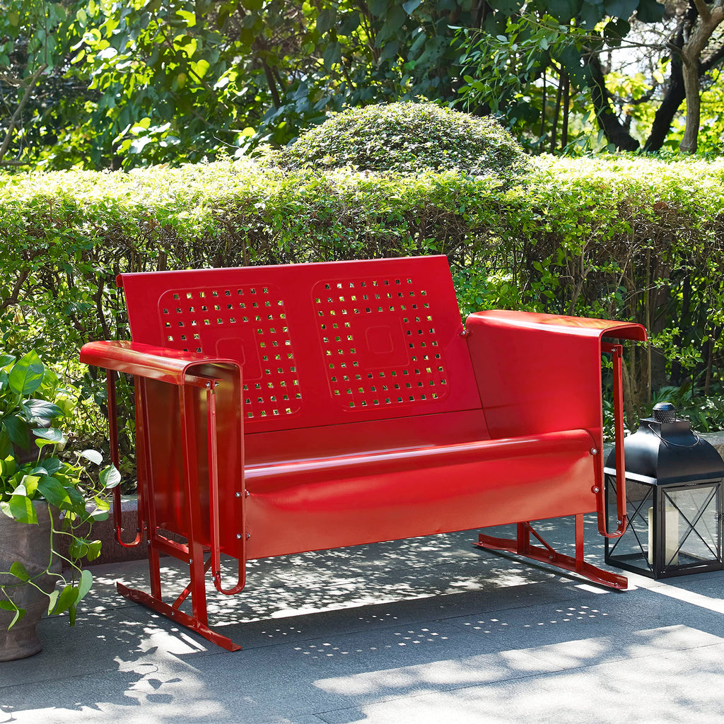 Crosley Furniture Bates Retro Metal Outdoor Loveseat Glider, 2-Person Rocking Patio Bench for Porch, Deck, Bright Red Gloss
