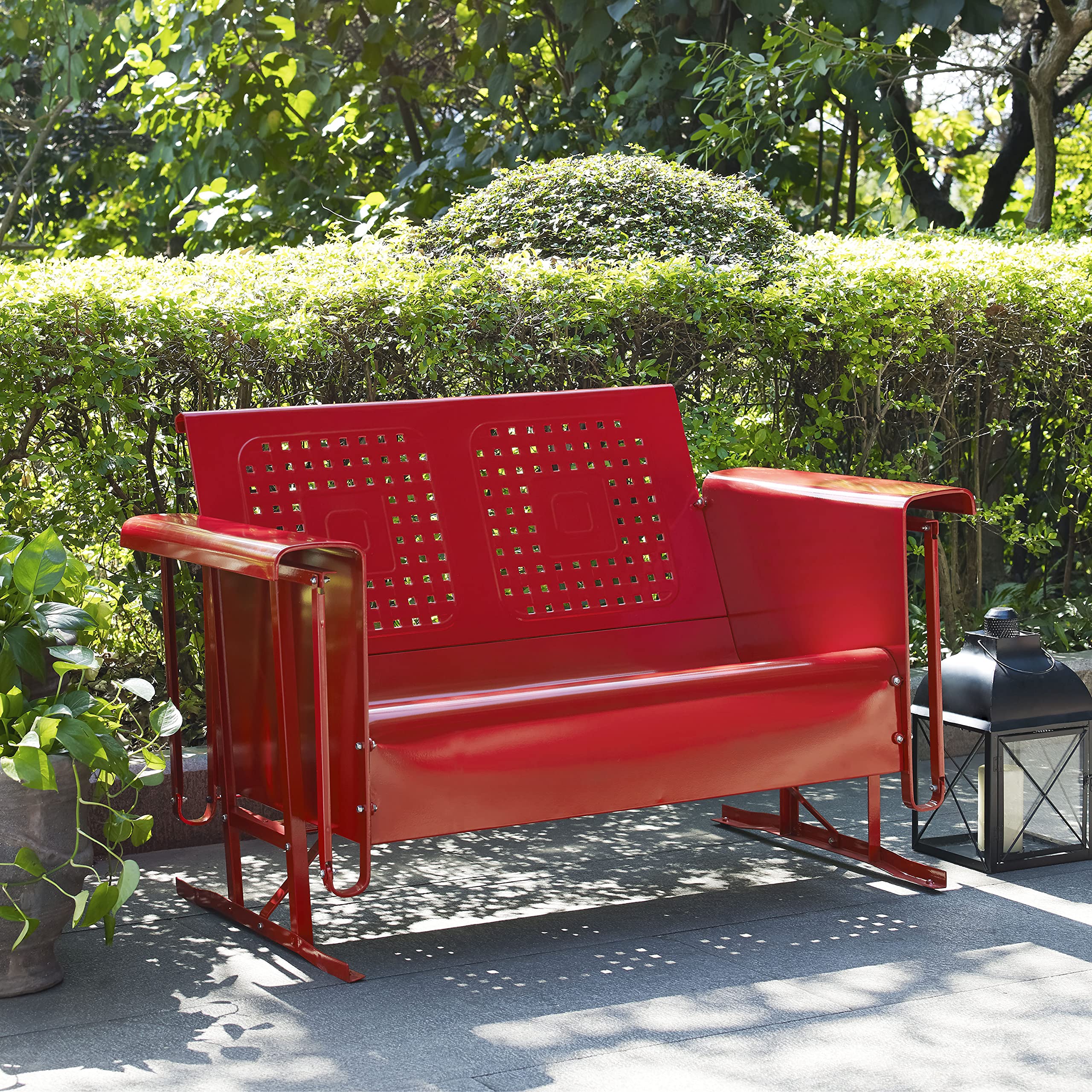Crosley Furniture Bates Retro Metal Outdoor Loveseat Glider, 2-Person Rocking Patio Bench for Porch, Deck, Bright Red Gloss