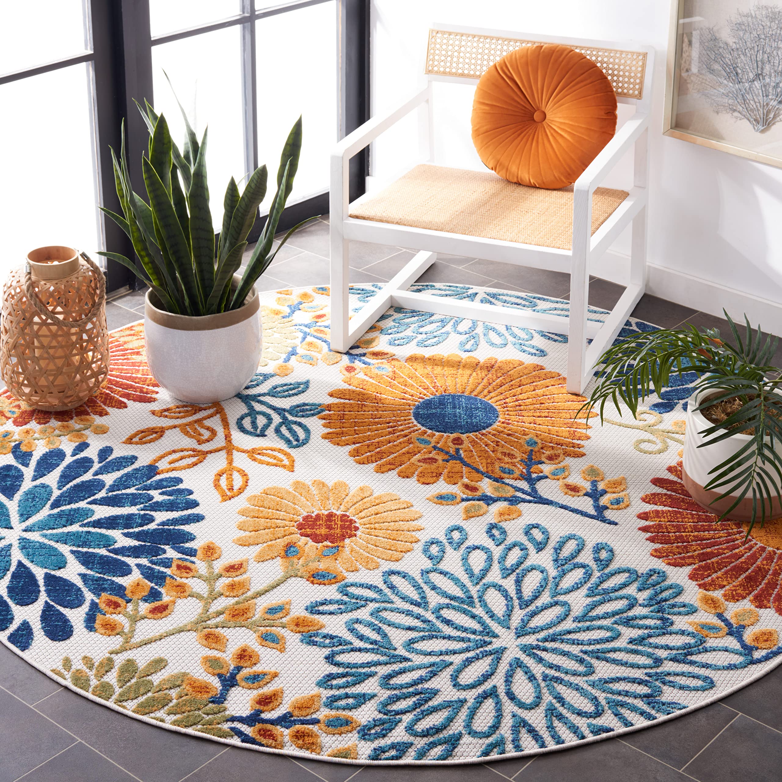 Safavieh Cabana Collection Area Rug - 6'7' Round, Creme & Red, Floral Design, Non-Shedding & Easy Care, Indoor/Outdoor & Washable-Ideal For Patio, Backyard, Mudroom (Cbn832A)