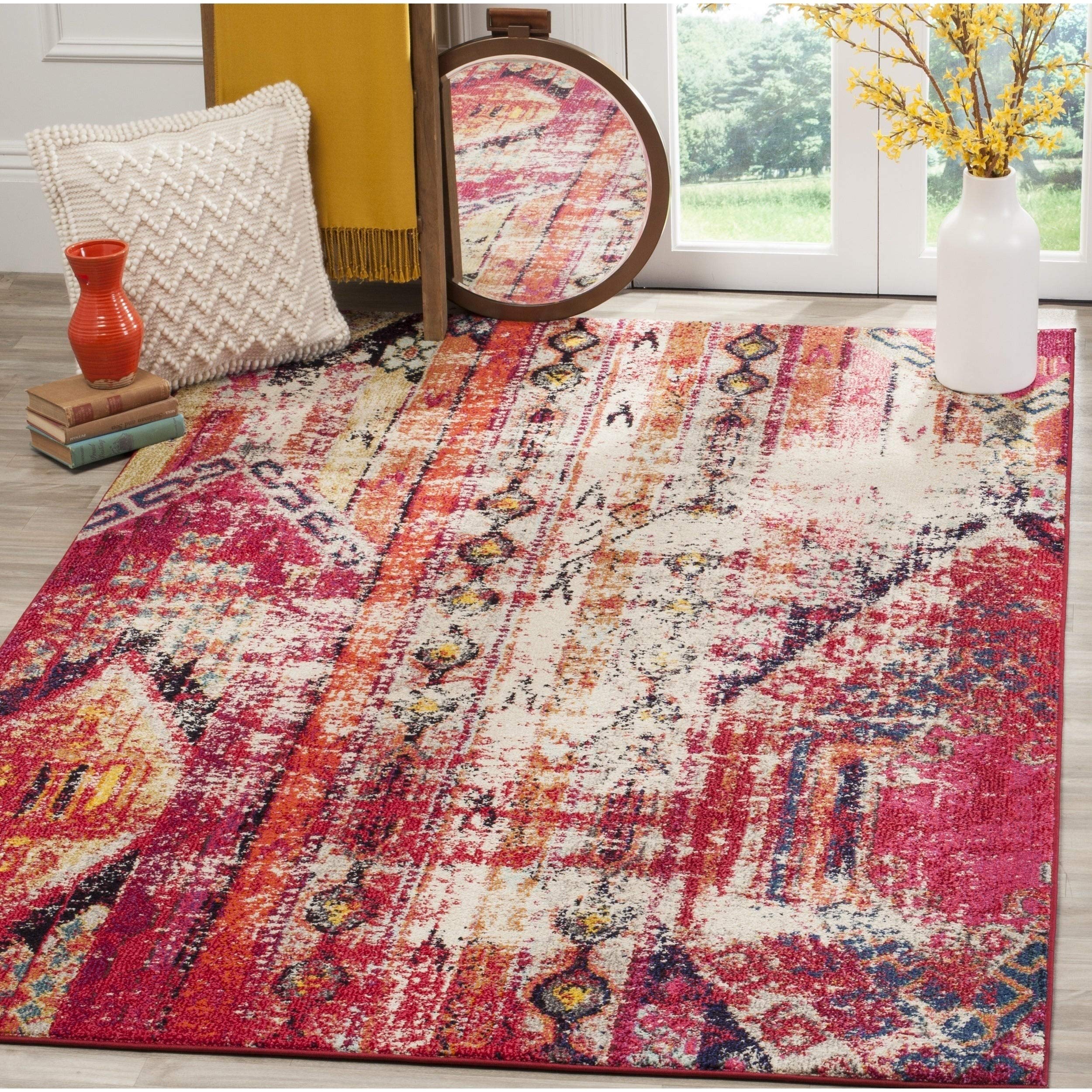 SAFAVIEH Monaco Collection 5 Square Magenta / Multi MNC222D Boho Chic Tribal Distressed Non-Shedding Living Room Bedroom Area R