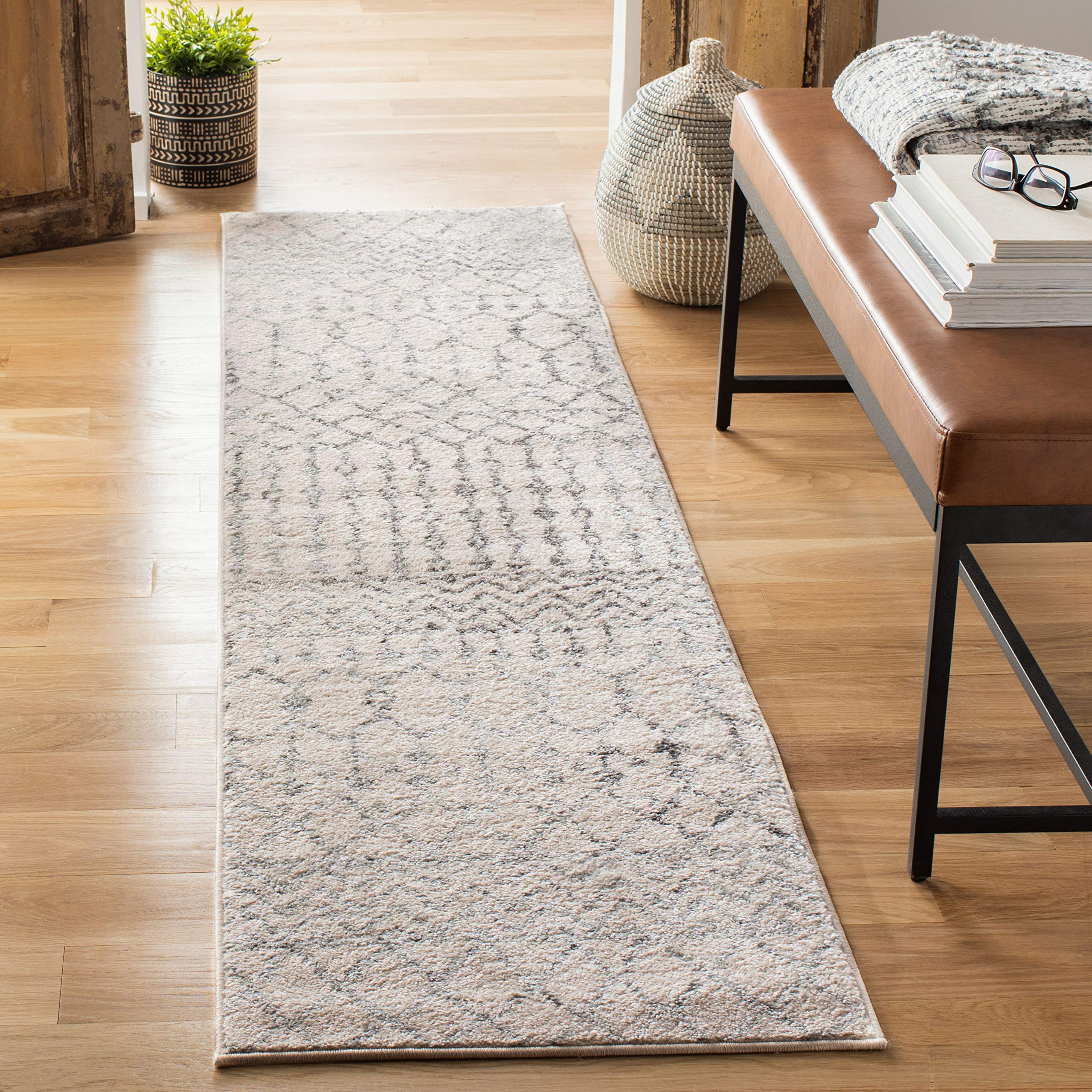 SAFAVIEH Tulum Collection Runner Rug - 2 x 19, Ivory & Grey, Moroccan Boho Distressed Design, Non-Shedding & Easy Care, Ideal 