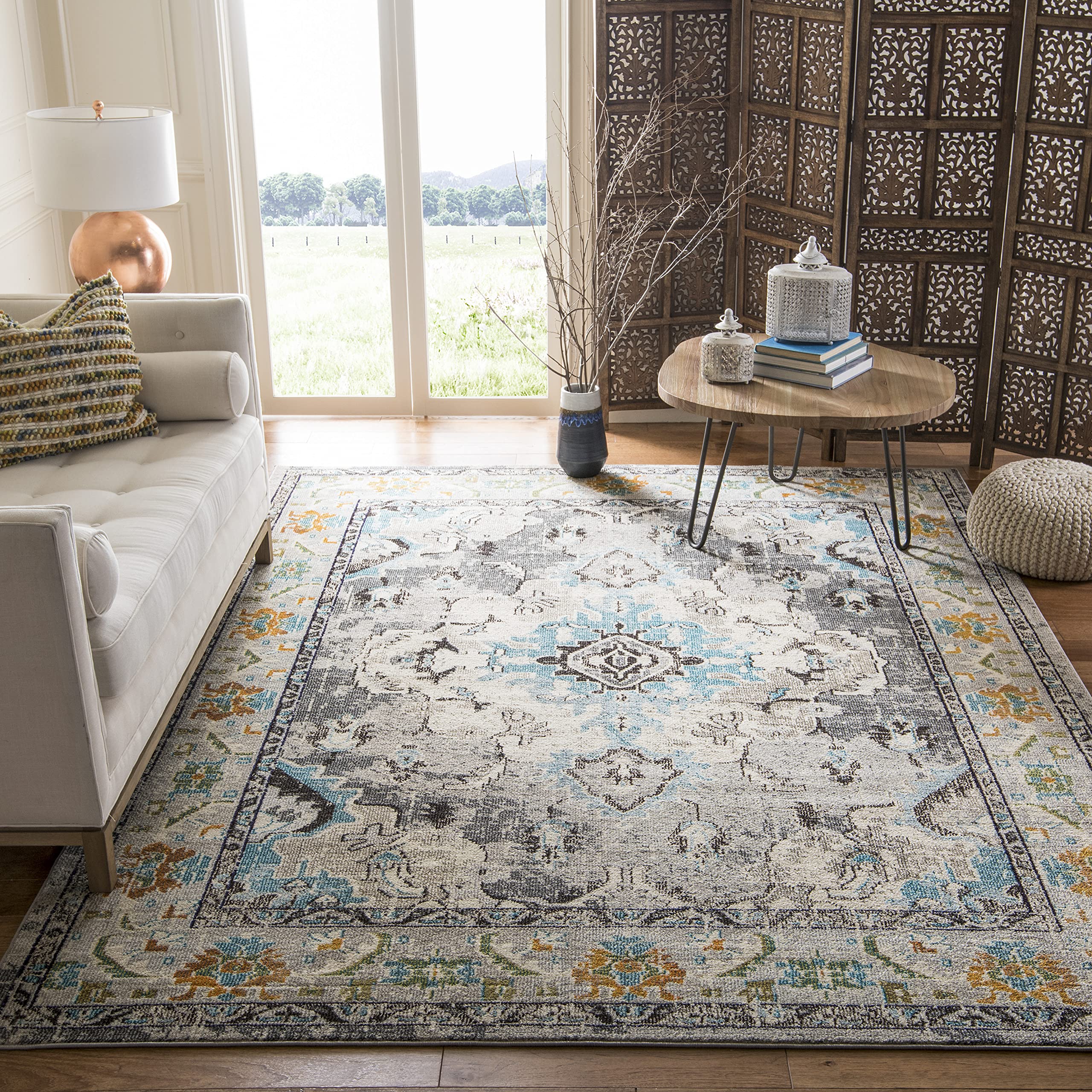 SAFAVIEH Monaco Collection X-Large Area Rug - 12 x 18, Grey & Light Blue, Medallion Distressed Design, Non-Shedding & Easy Car