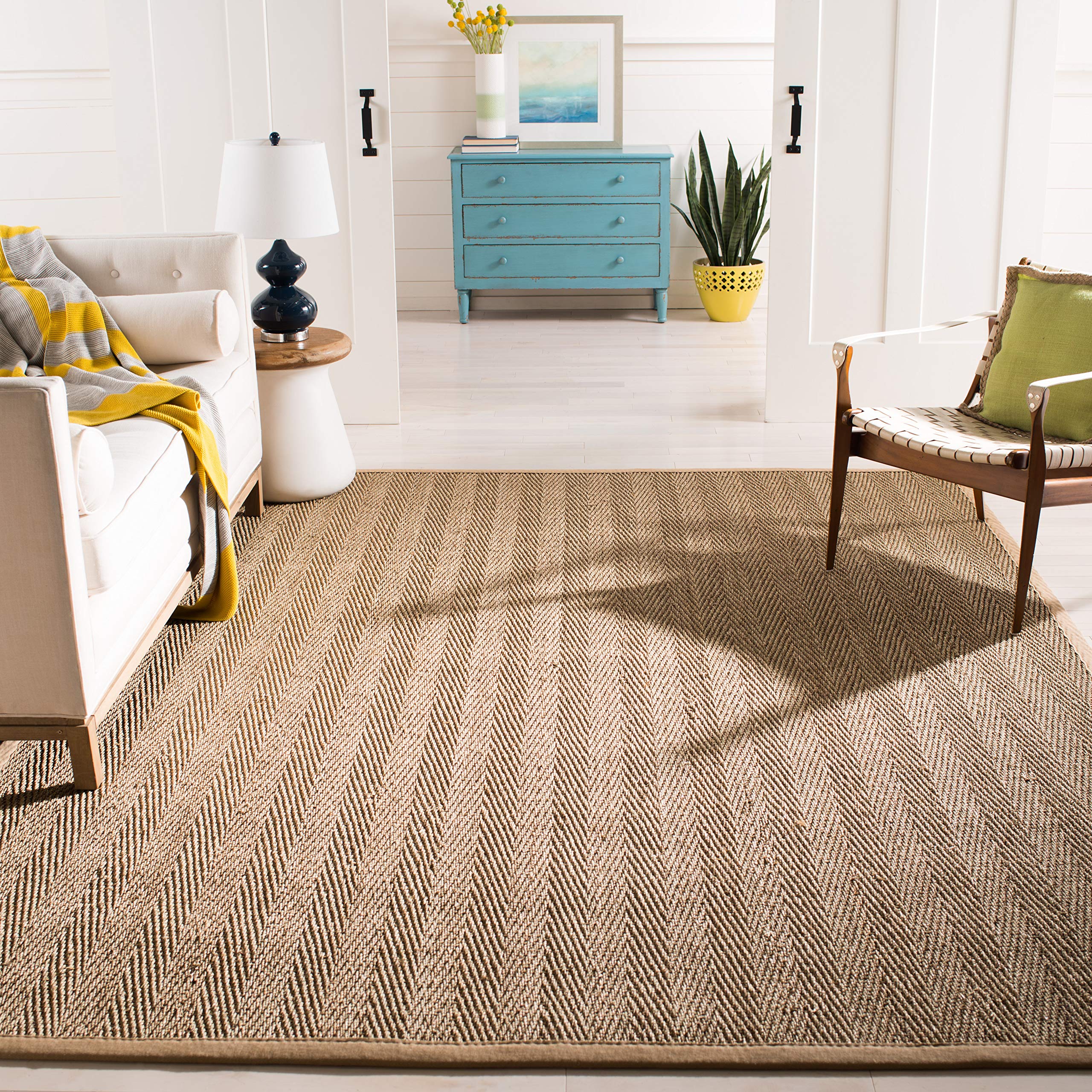SAFAVIEH Natural Fiber Collection Area Rug - 10 Square, Natural & Beige, Border Herringbone Seagrass Design, Easy Care, Ideal f