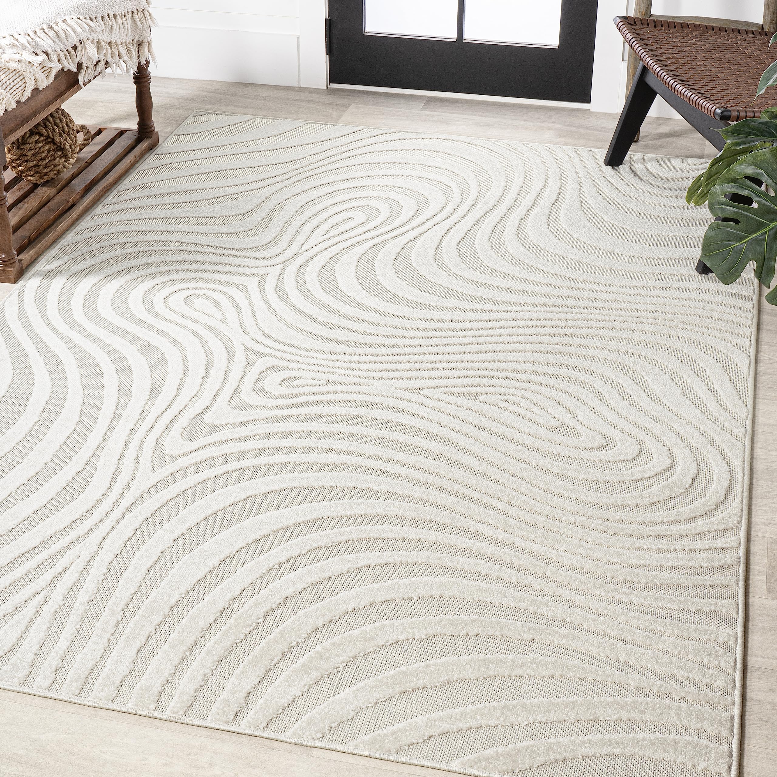 JONATHAN Y SCN103A-9 Maribo High-Low Abstract Groovy Striped Cream/Ivory 9 ft. x 12 ft. Indoor/Outdoor Area Rug, Pet Friendly, N