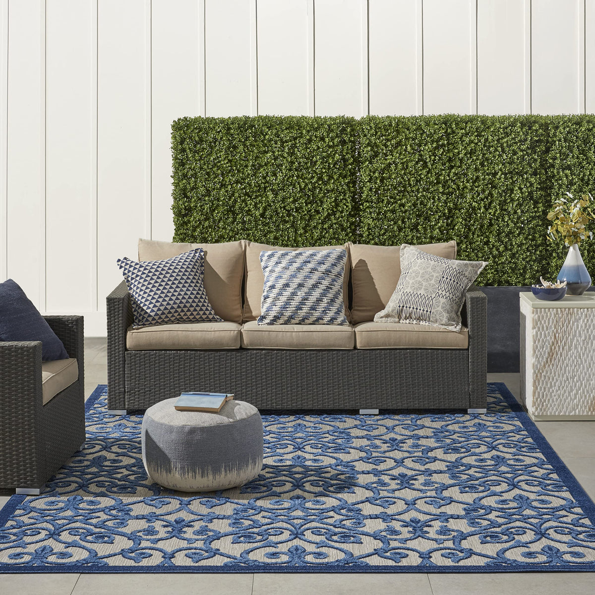 Nourison Aloha Indoor/Outdoor Grey/Blue 7'10' X 10'6' Area Rug, Transitional, French Country, Easy Cleaning, Non Shedding, Bed