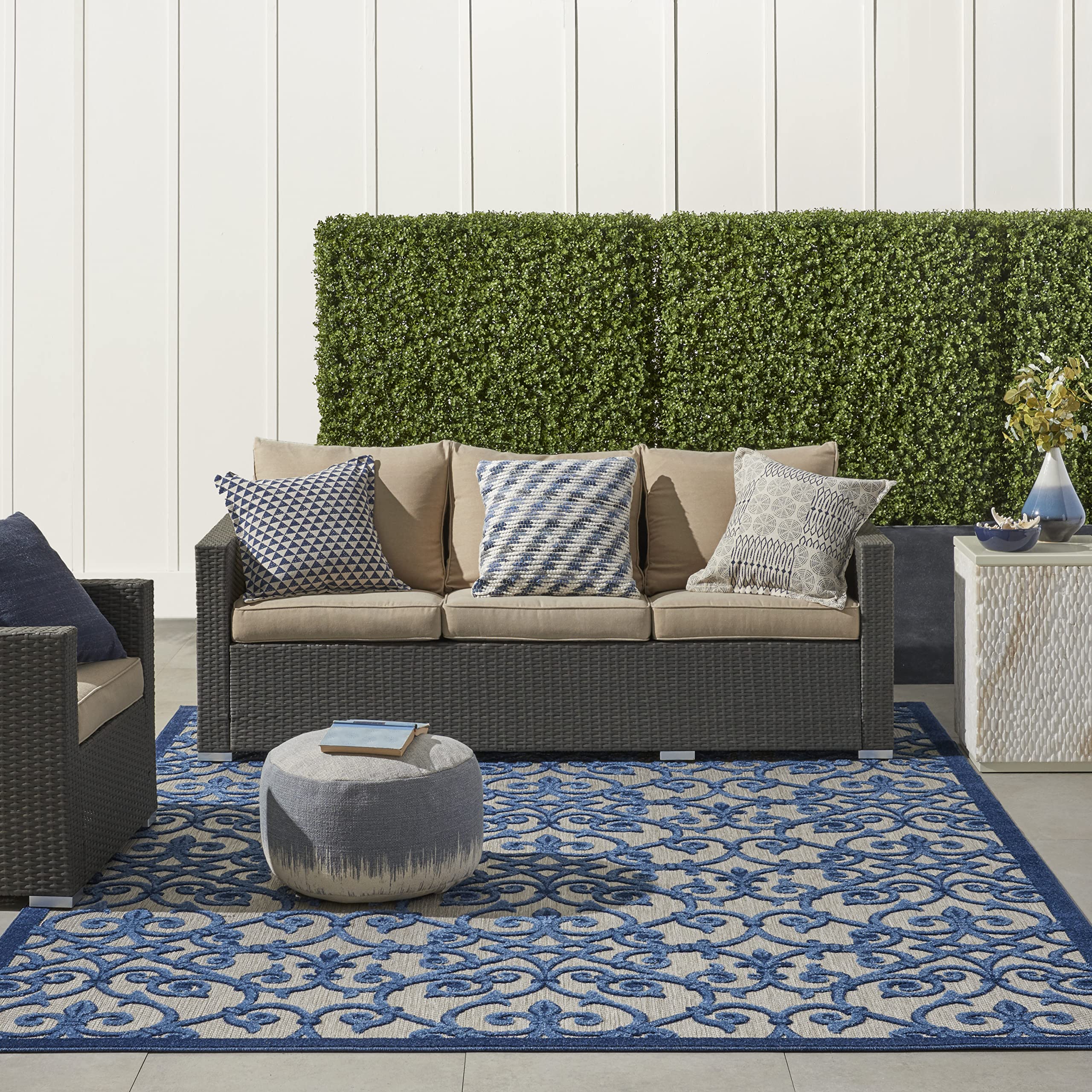 Nourison Aloha Indoor/Outdoor Grey/Blue 9'6' X 13' Area Rug, Transitional, French Country, Easy Cleaning, Non Shedding, Bed Roo