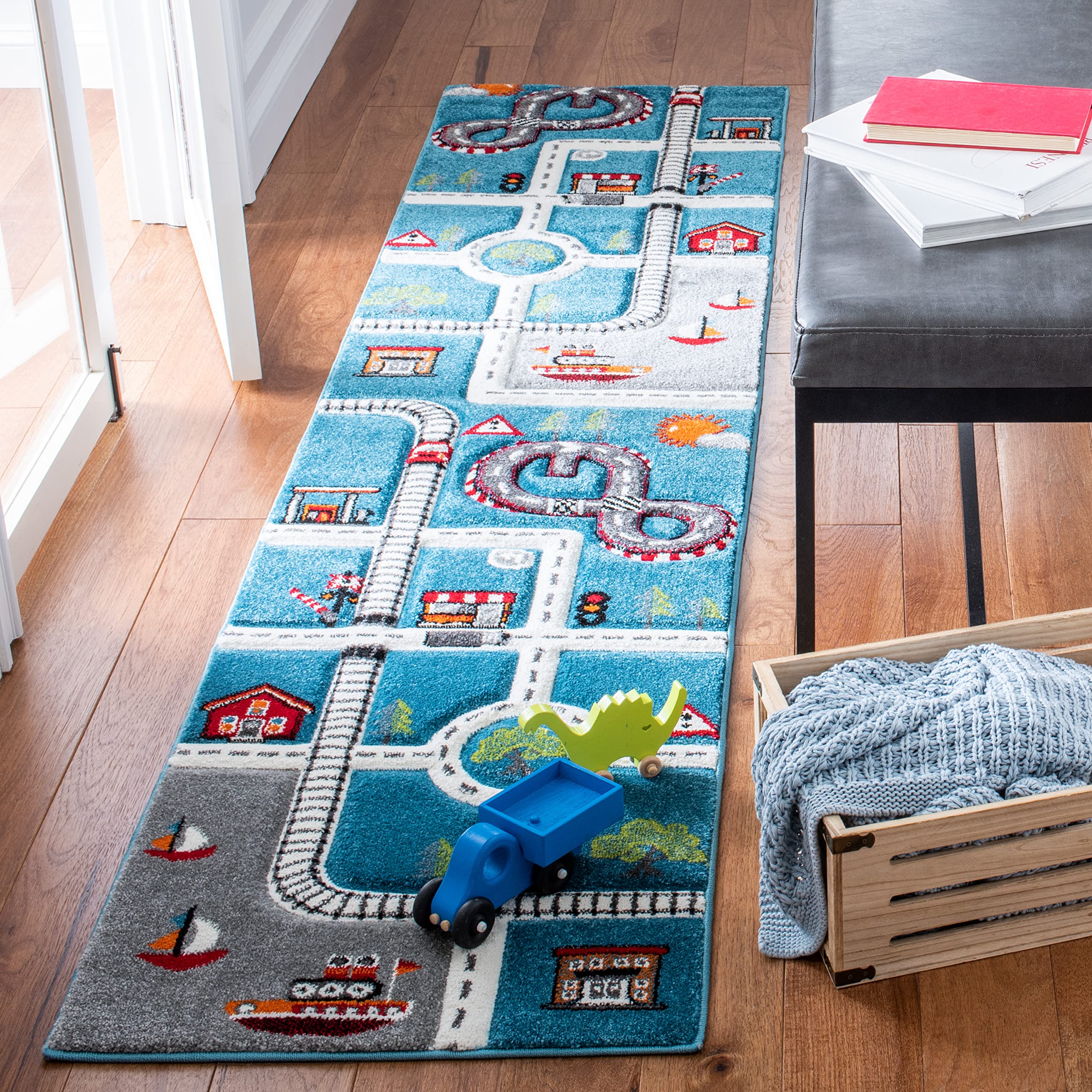 SAFAVIEH Carousel Kids Collection Runner Rug - 2 x 8, Turquoise & Ivory, Non-Shedding & Easy Care, Ideal for High Traffic Area
