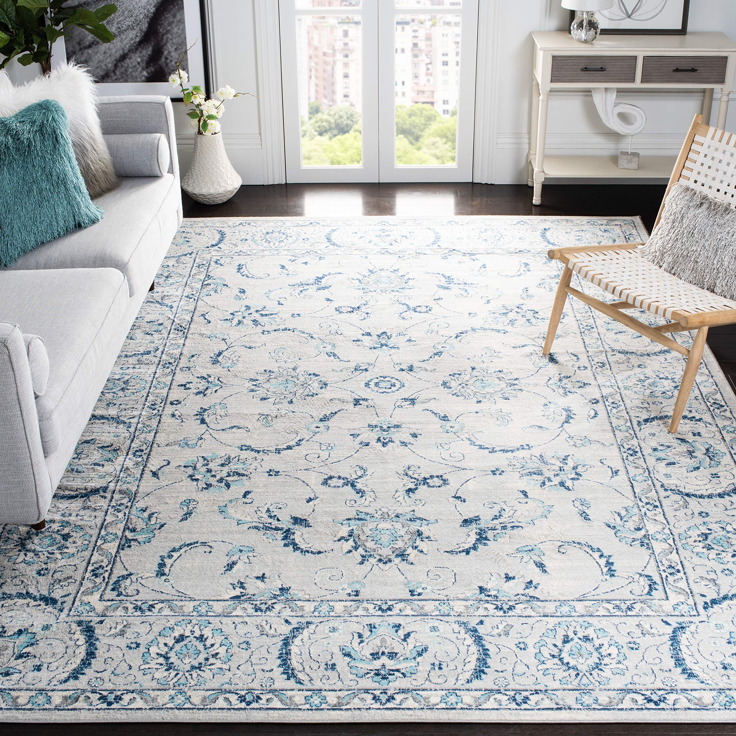 SAFAVIEH Brentwood Collection 11 x 15 Light Grey/Blue BNT854G Oriental Floral Scroll Non-Shedding Living Room Bedroom Dining H