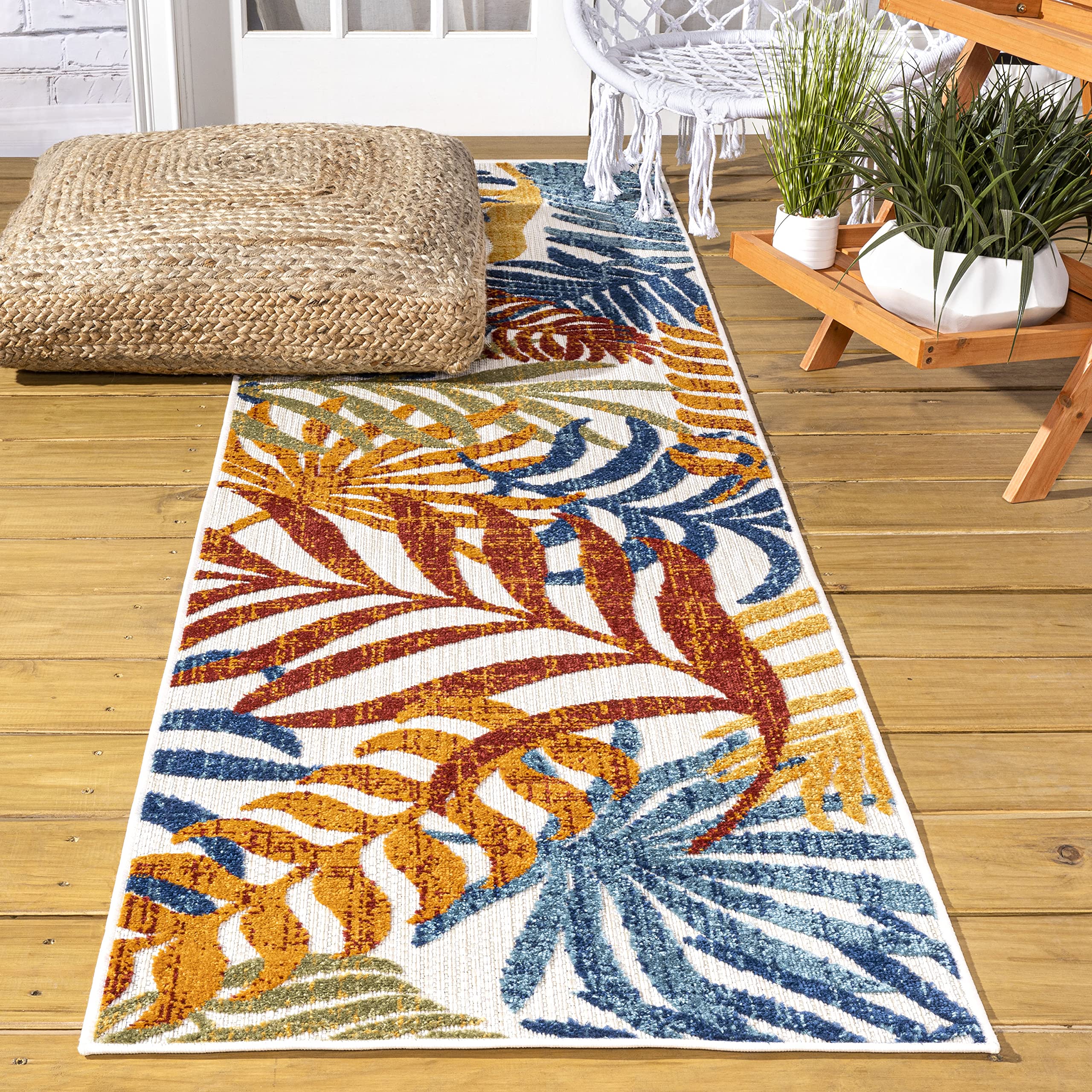 Jonathan Y Amc100B-28 Tropics Palm Leaves Indoor Outdoor Area-Rug Bohemian Floral Easy-Cleaning High Traffic Bedroom Kitchen Backyard Patio Porch Non Shedding, 2 X 8, Cream/Orange