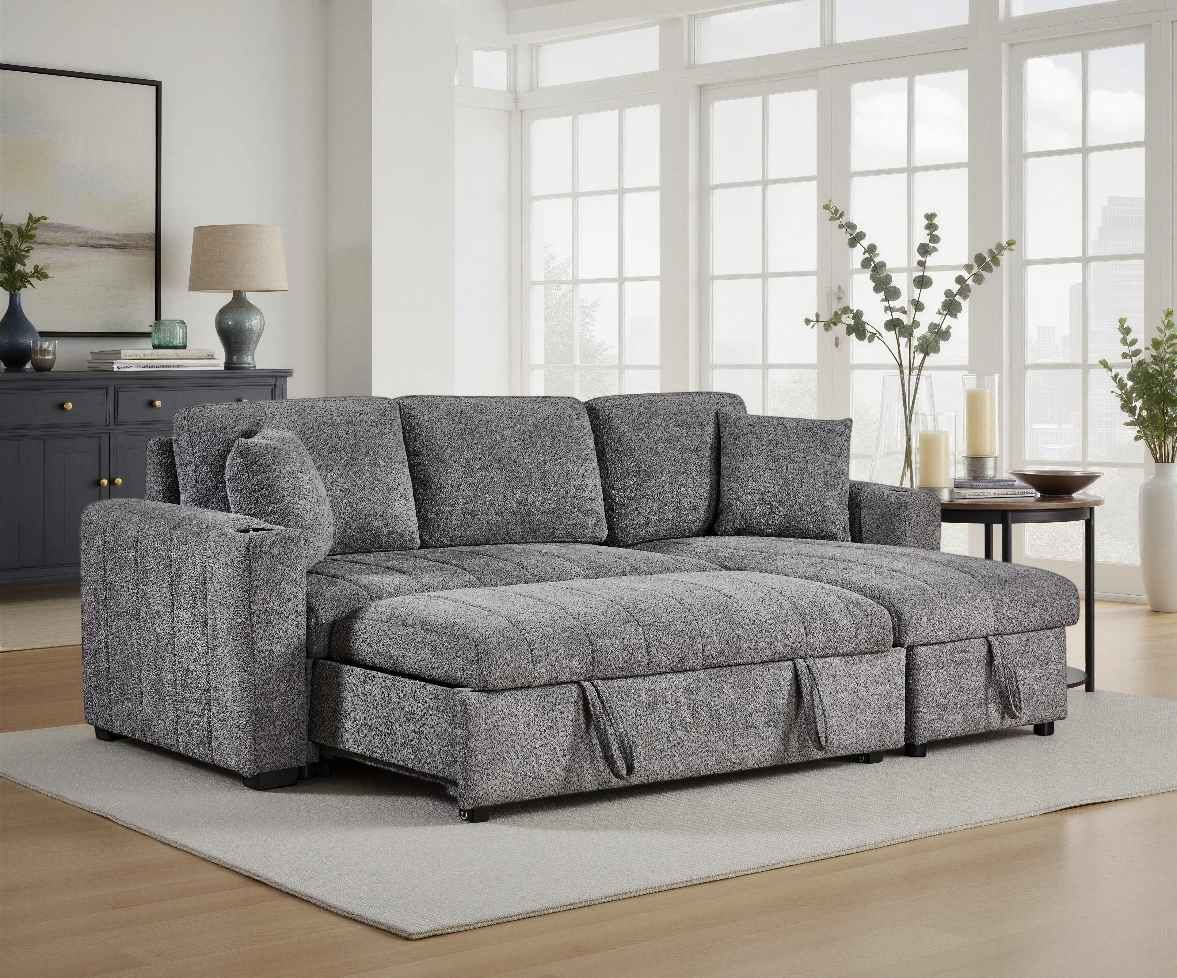 Seraphina II 96 Gray Boucle Fabric Reversible Sleeper Sectional Sofa with Storage Chaise, Cupholders, USB Charging Port, and Thr