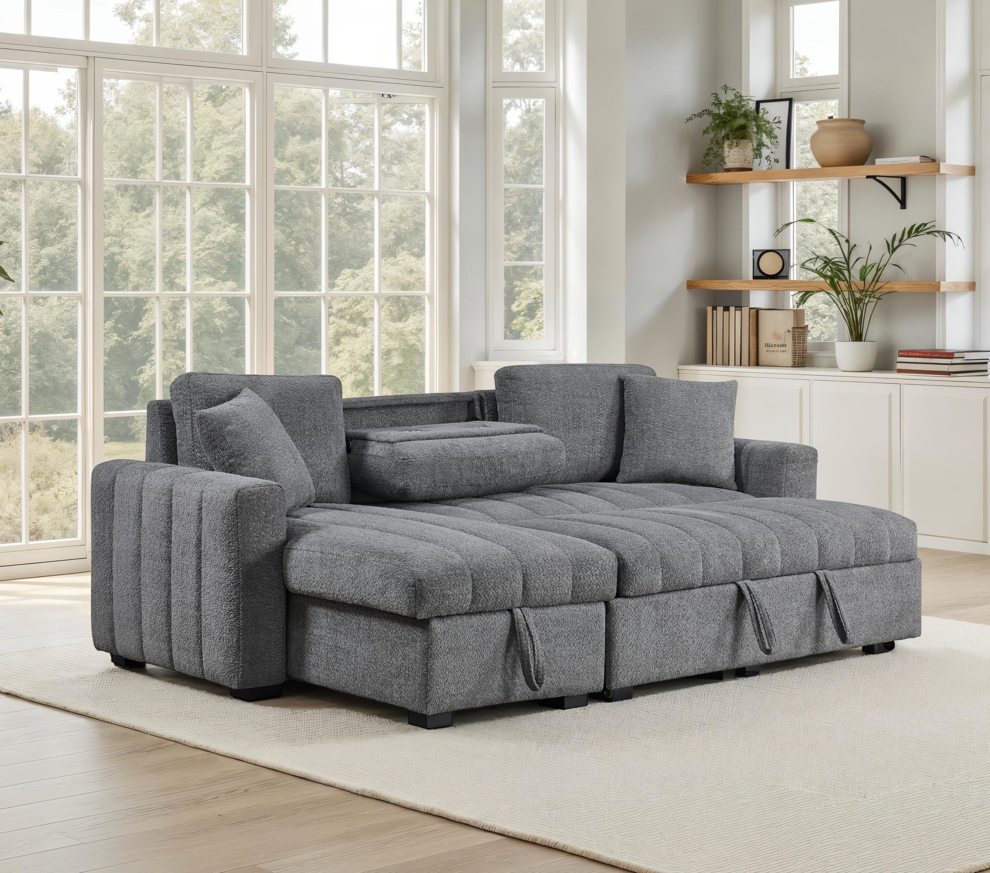 Seraphina II 96 Gray Boucle Fabric Reversible Sleeper Sectional Sofa with Storage Chaise, Configurable Dropdown Table with Cupho
