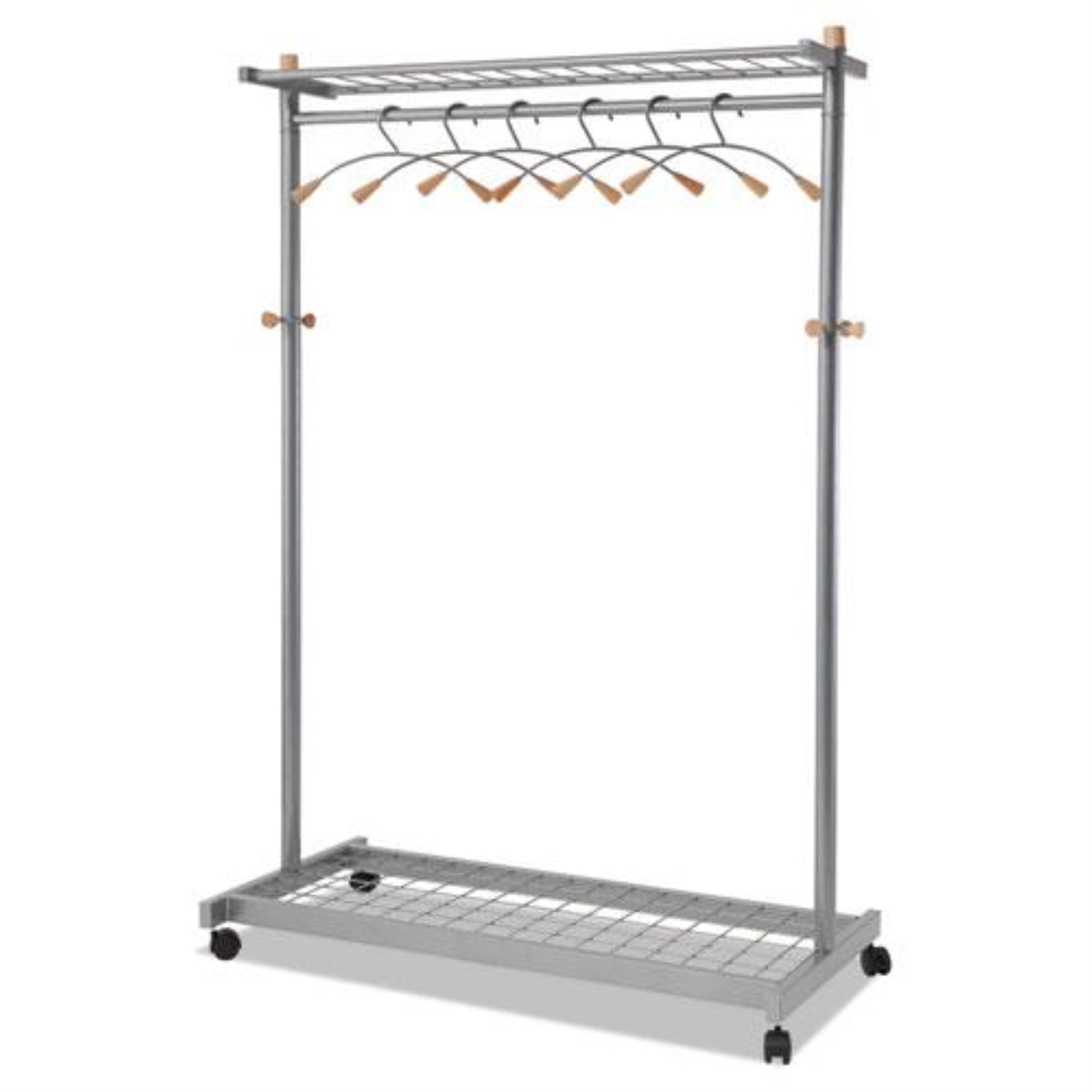 Alba Pmlux6 Garment Racks, Two-Sided, 2-Shelf Coat Rack, 6 Hanger/6 Hook, Silver Steel/Wood