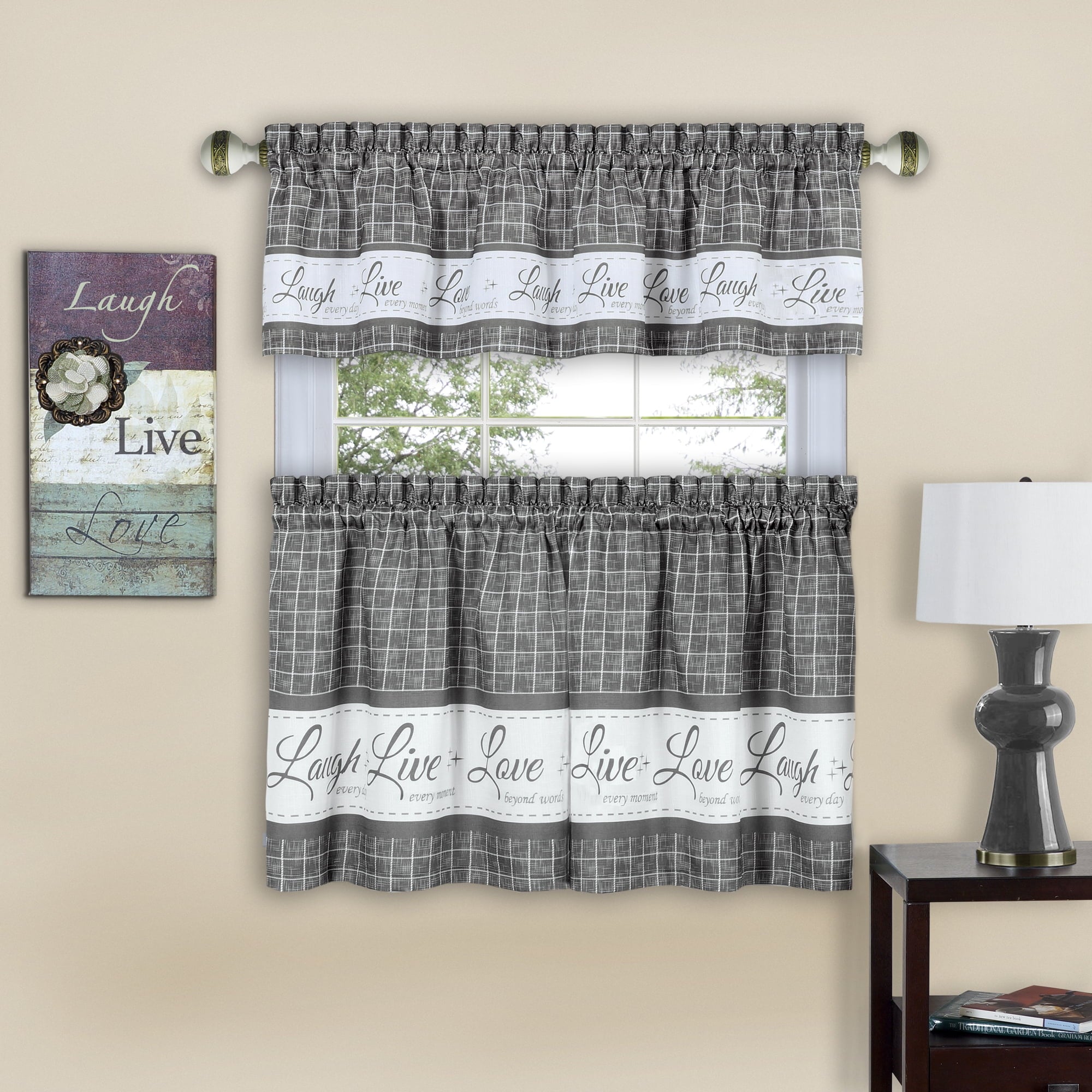 Achim Lltv36Gy12 58 X 36 In Live&#44 Love&#44 Laugh Window Curtain Tier Pair & Valance Set&#44 Grey