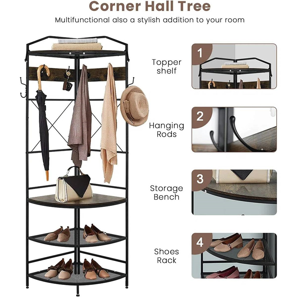 Modern Corner Entryway Hall Tree Shoe Storage Bench Coat Rack