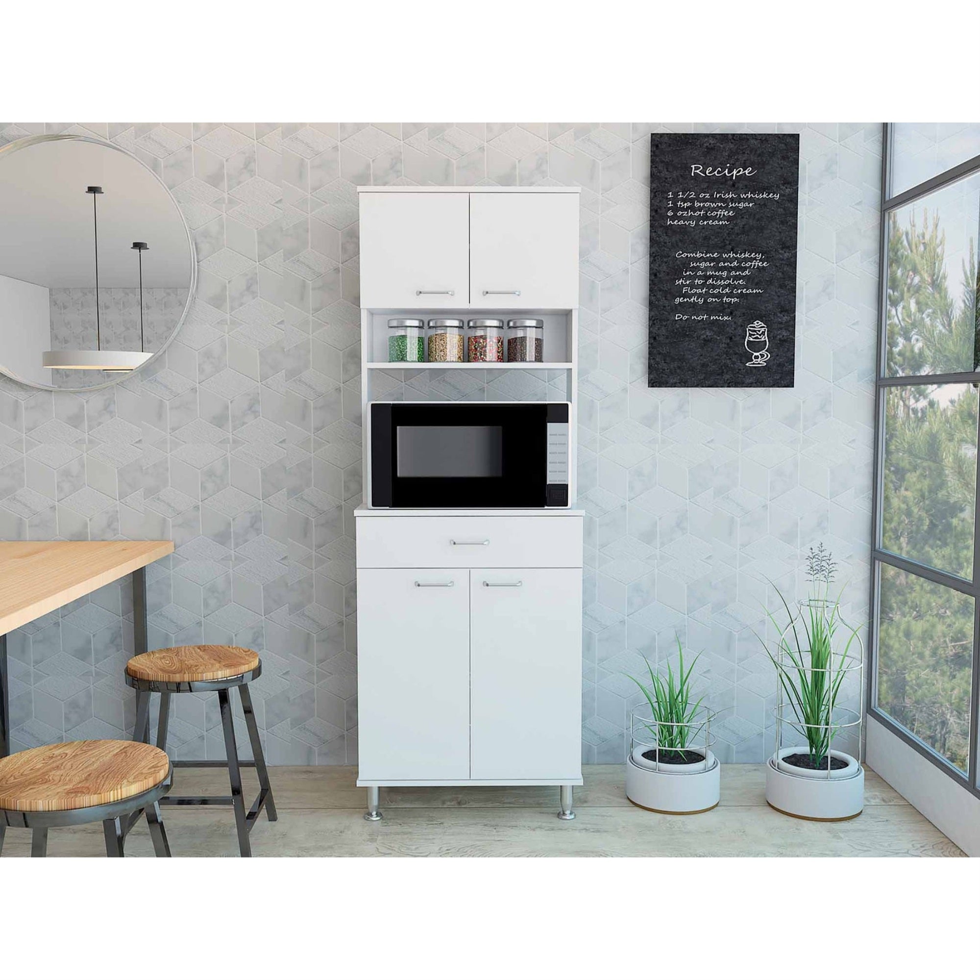 TUHOME Della 60 Pantry, Three Shelves, One Drawer, Countertop, Four Legs, Two Double Door Cabinets -White, For Kitchen Room