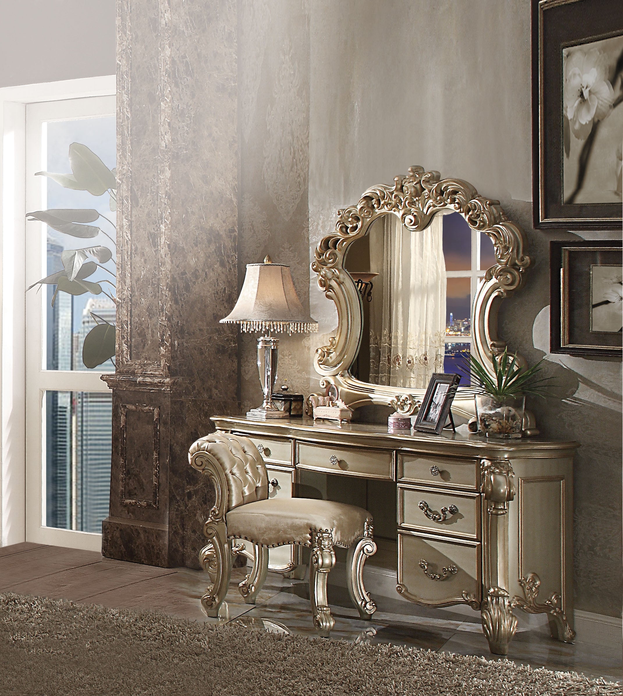 Fabric Upholstered Wooden Vanity Stool with Tufted Back, Gold & Bone White